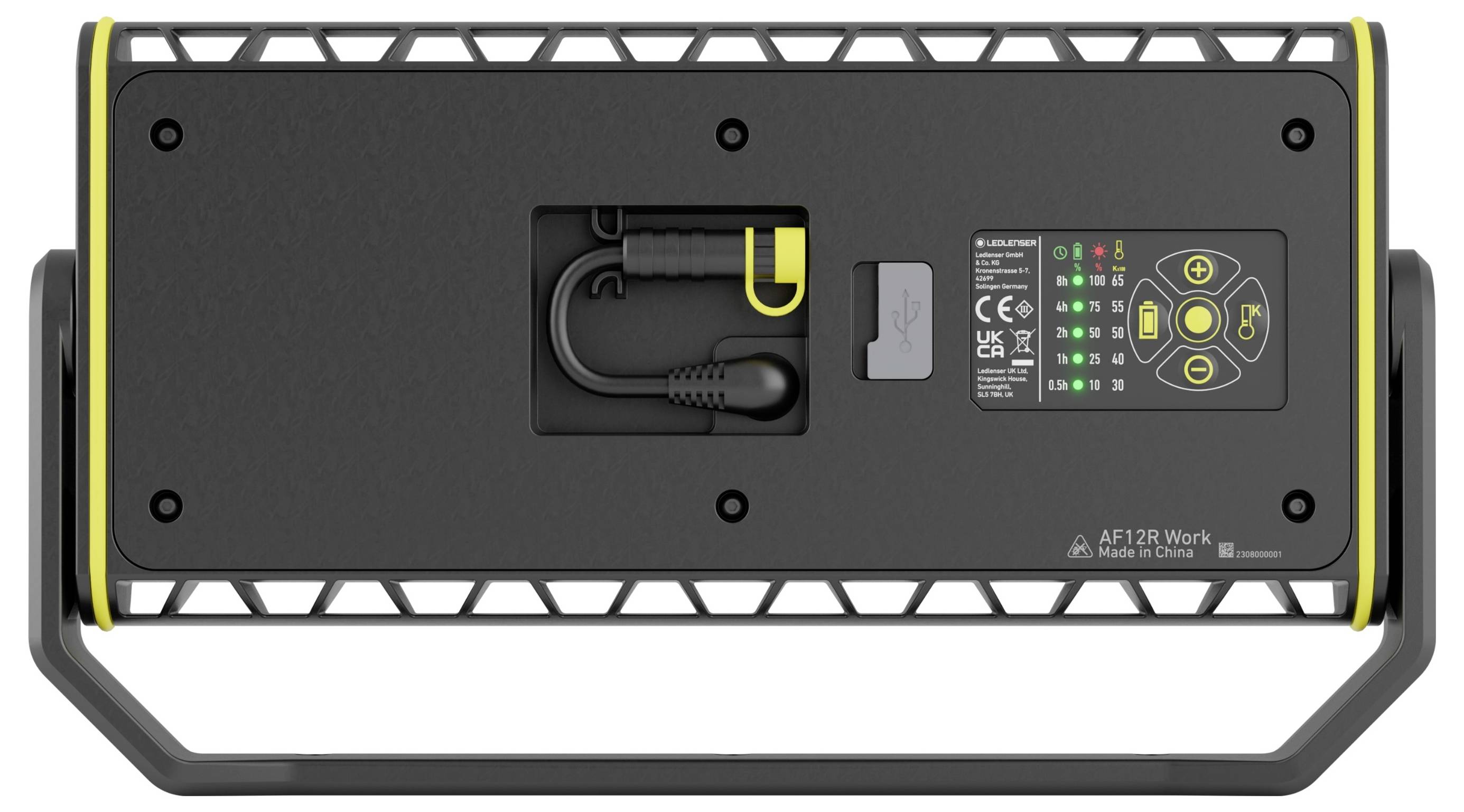 Rückseite einer LED-Arbeitsleuchte mit schwarzem Gehäuse und gelben Details, zeigt Bedienelemente, Anschlüsse und Sicherheitszeichen.