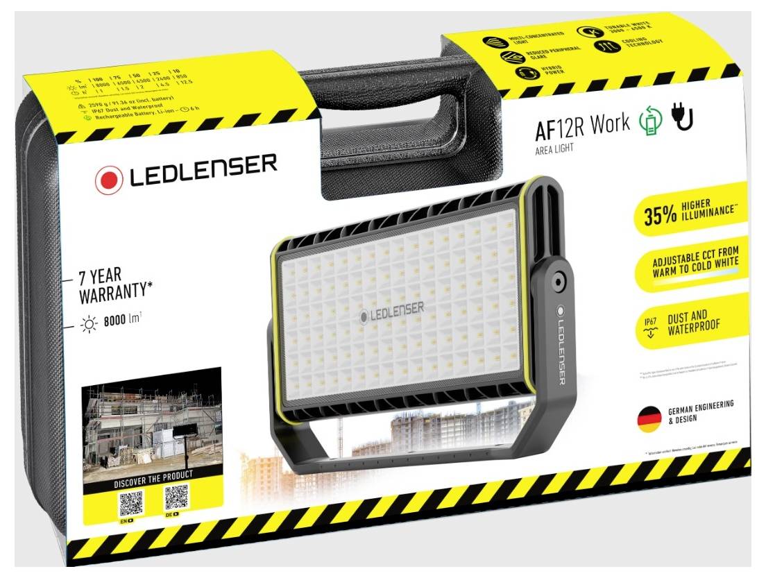 LED-Leuchte von Ledlenser auf der Verpackung abgebildet. Beschreibt Funktionen wie höhere Leuchtkraft und Anpassung der Farbtemperatur.