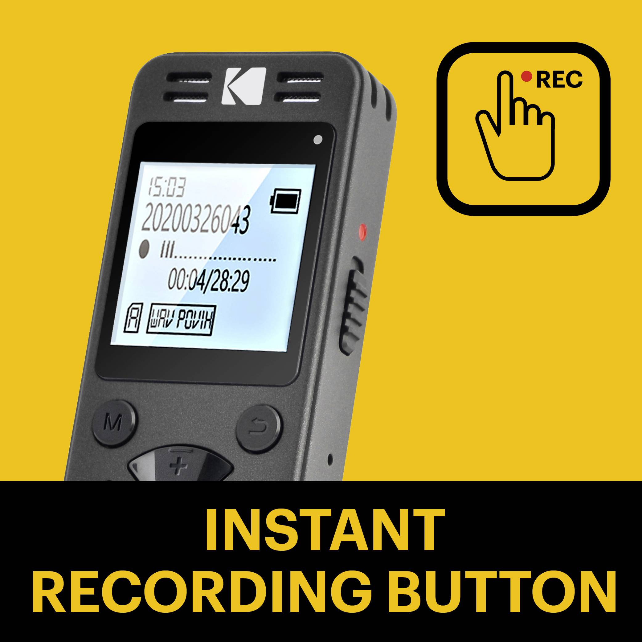 Tonaufnahmegerät mit Display, das Aufnahmedauer und Datum anzeigt. Rechts daneben ein Symbol für eine Sofortaufnahmefunktion.