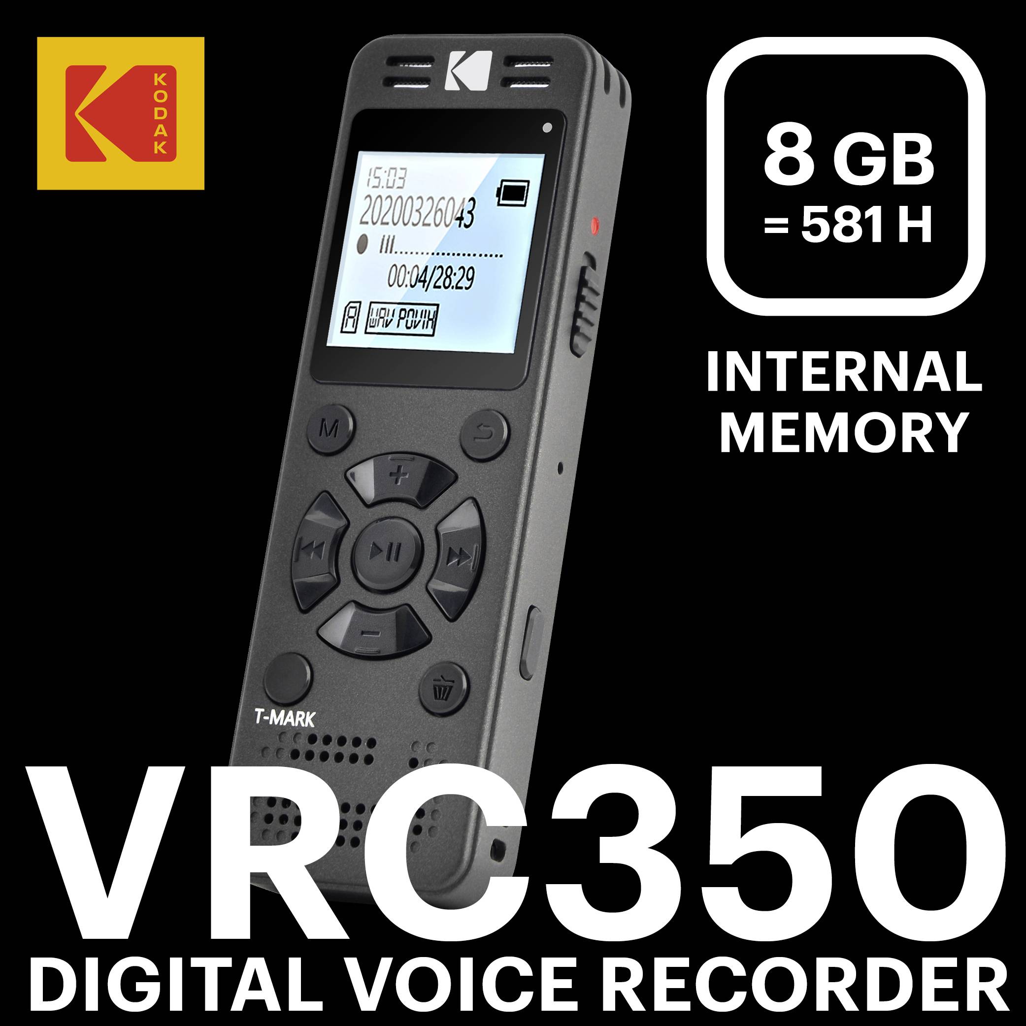 Eine schwarze digitale Sprachaufzeichnungseinheit von Kodak mit 8 GB internem Speicher und einem Display, das Datum und Zeit zeigt.