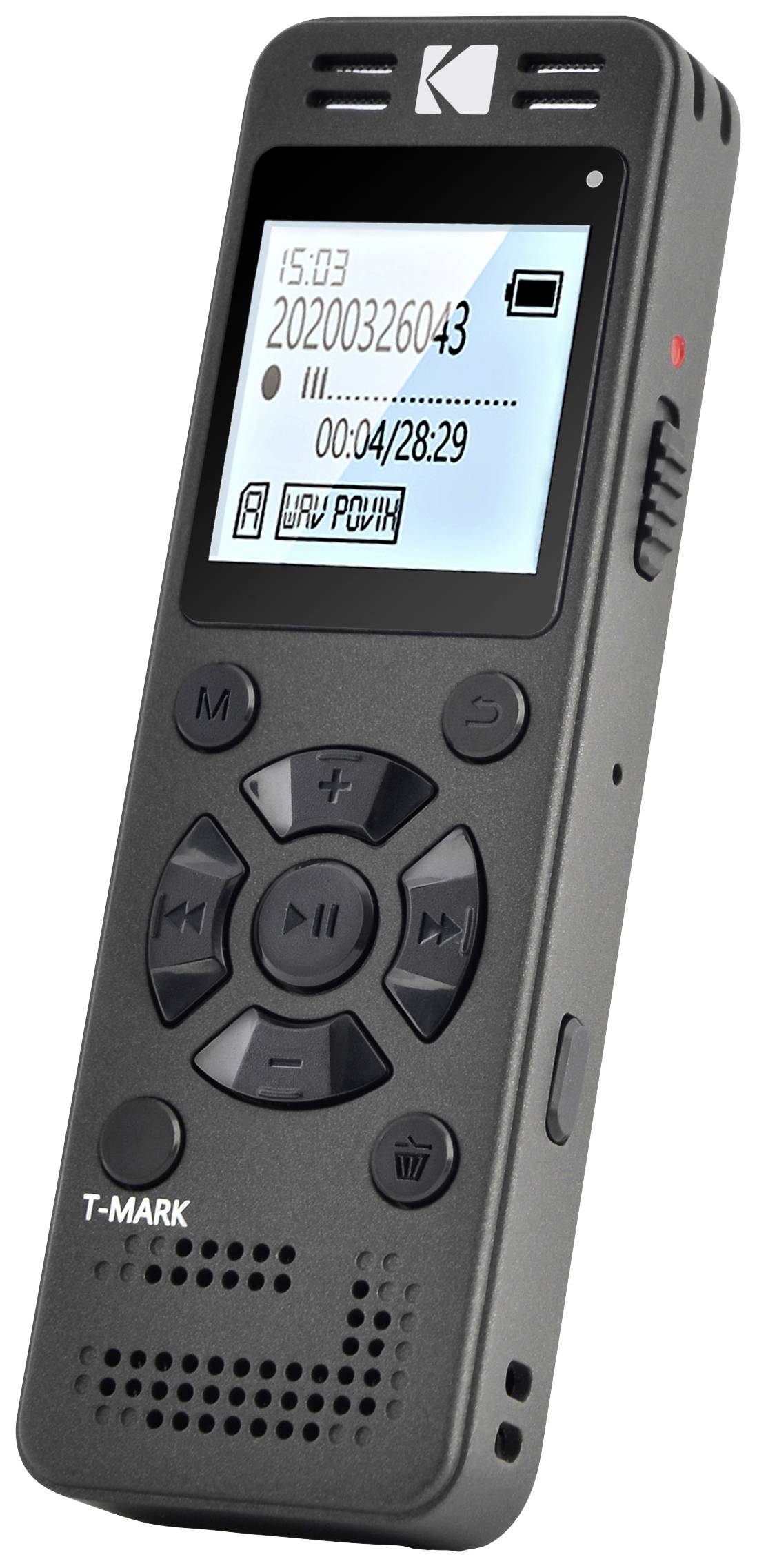Digitaler Voice-Recorder mit Display zeigt Aufnahmezeit und -datum. Schwarzes Gerät mit mehreren Tasten zur Steuerung der Wiedergabe.