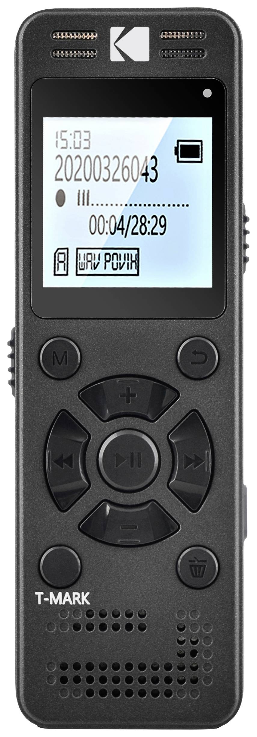 Ein digitaler Voice Recorder mit Display zeigt Datum, Uhrzeit und Aufnahmezeit an. Tasten zur Steuerung sind darunter sichtbar.