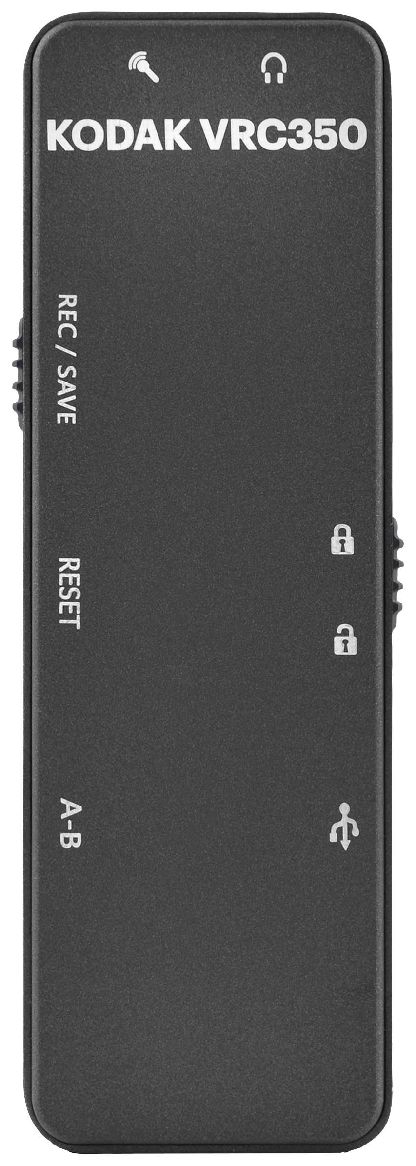 Schwarzes portables Aufnahmegerät 'Kodak VRC 350' mit Tasten für 'REC/SAVE', 'RESET' und 'A-B Wiederholung', sowie USB-Anschluss.