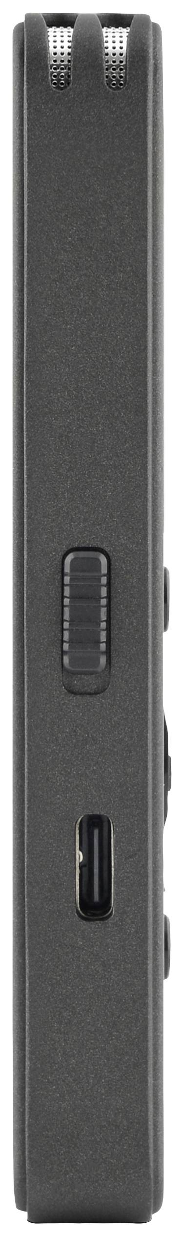 Schwarzes, rechteckiges elektronisches Gerät, seitliche Ansicht. Sichtbar sind ein Schalter und ein USB-Anschluss.