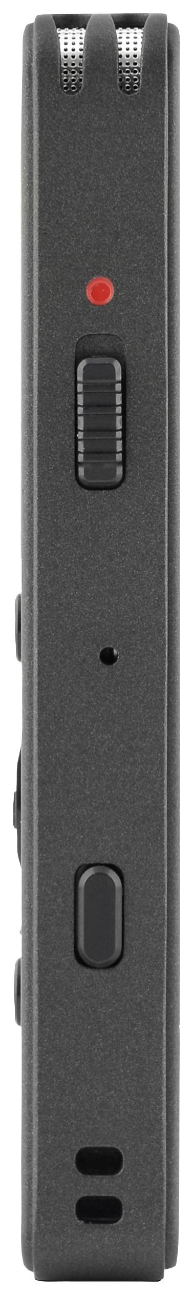 Digitales Audiogerät mit Aufnahmetaste, Schieberegler und Mikrofon auf der Oberseite; seitliche Ansicht.