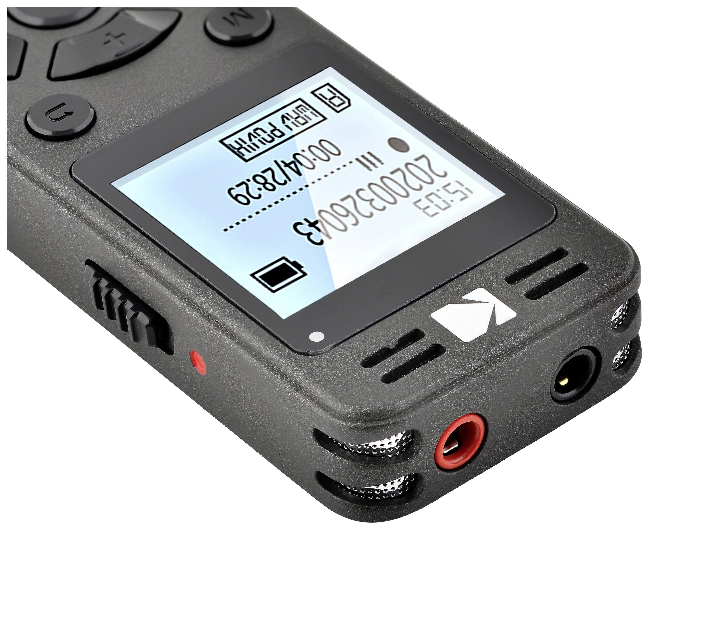 Ein digitales Aufnahmegerät mit einem Display zur Anzeige von Aufnahmestatus und Zeit, umgeben von Bedienelementen und Anschlüssen.