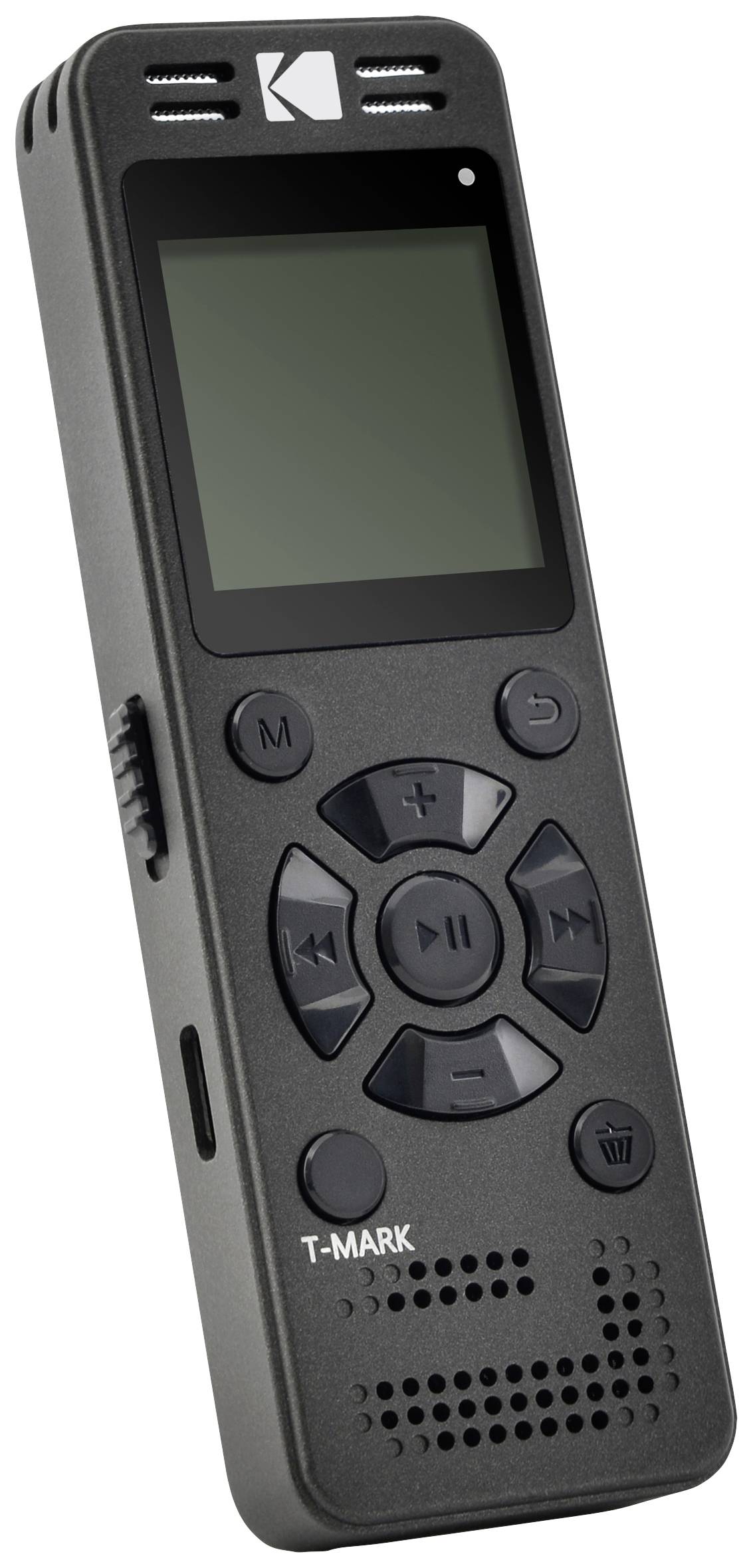 Tragbares digitales Aufnahmegerät mit Bildschirm, eingebautem Lautsprecher, Mikrofon und Tasten zur Steuerung von Aufnahme und Wiedergabe.