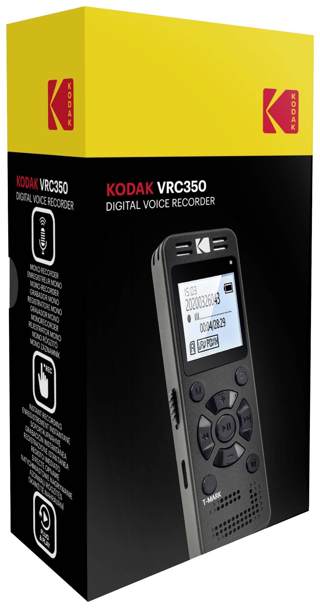Eine schwarze Verpackung mit gelbem oberen Rand zeigt einen digitalen Sprachrekorder Modell 'KODAK VRC350'.