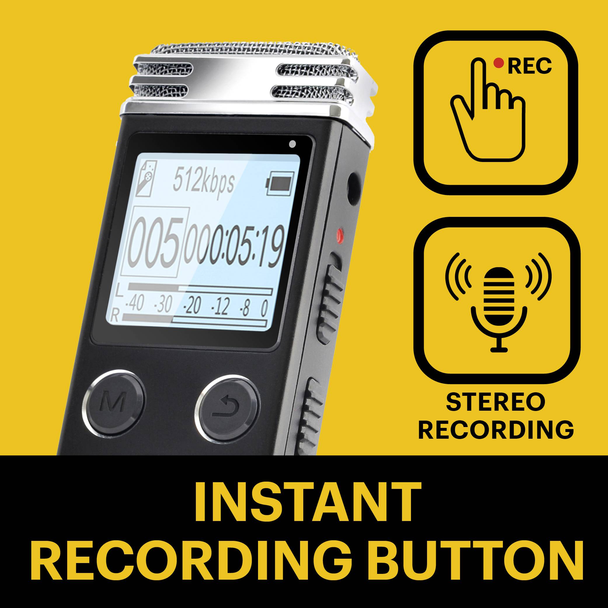 Digitaler Audiorekorder mit Display zeigt Aufnahmezeit und Status. Zwei Schaltflächen erklären 'REC' und 'STEREO RECORDING'.