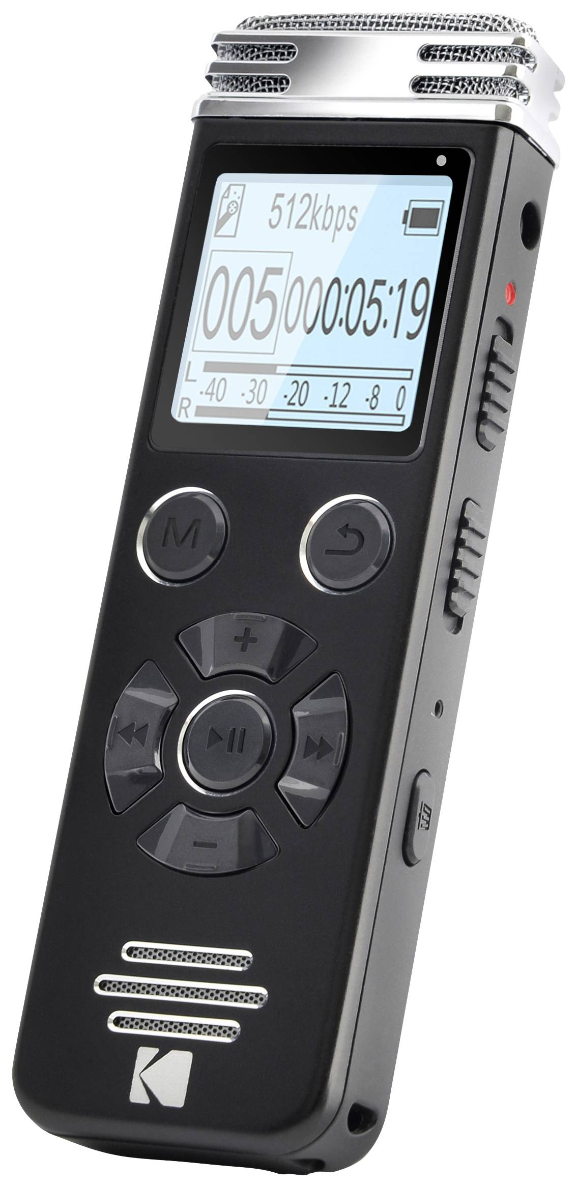 Ein schwarzer digitaler Audiorecorder mit Display, das '512kbps' und eine Aufnahmedauer von '00:05:19' anzeigt, Mikrofon oben.