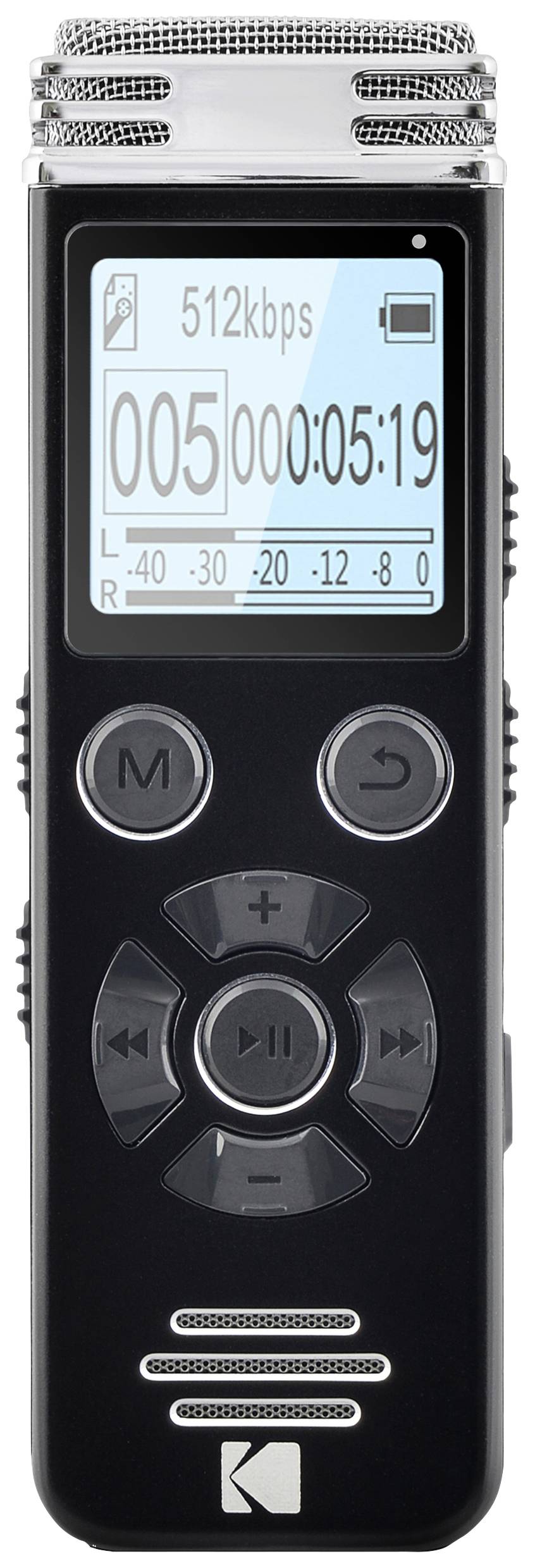 Digitales Diktiergerät mit Display zeigt Aufnahmezeit von 5 Minuten und 19 Sekunden bei 512 kbps. Bedienelemente für Aufnahme und Lautstärke.