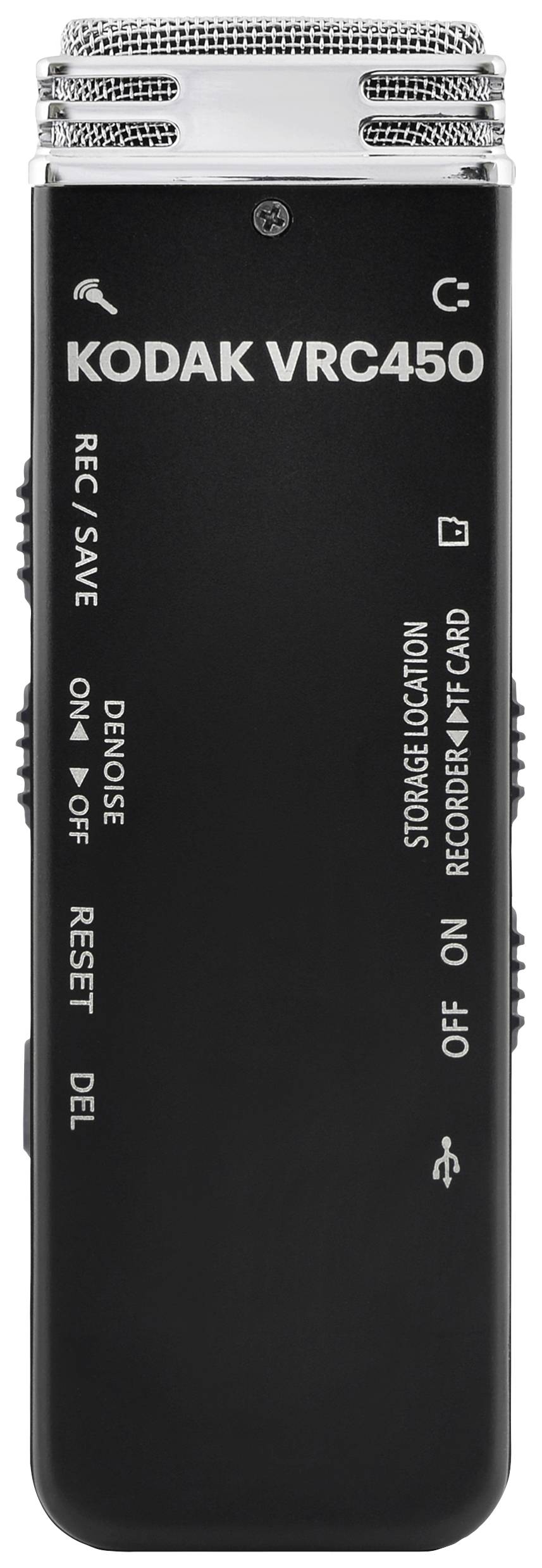 Schwarzer Voice Recorder 'KODAK VRC450' mit Tasten für Aufnehmen, Speichern, Löschen und Geräuschunterdrückung.