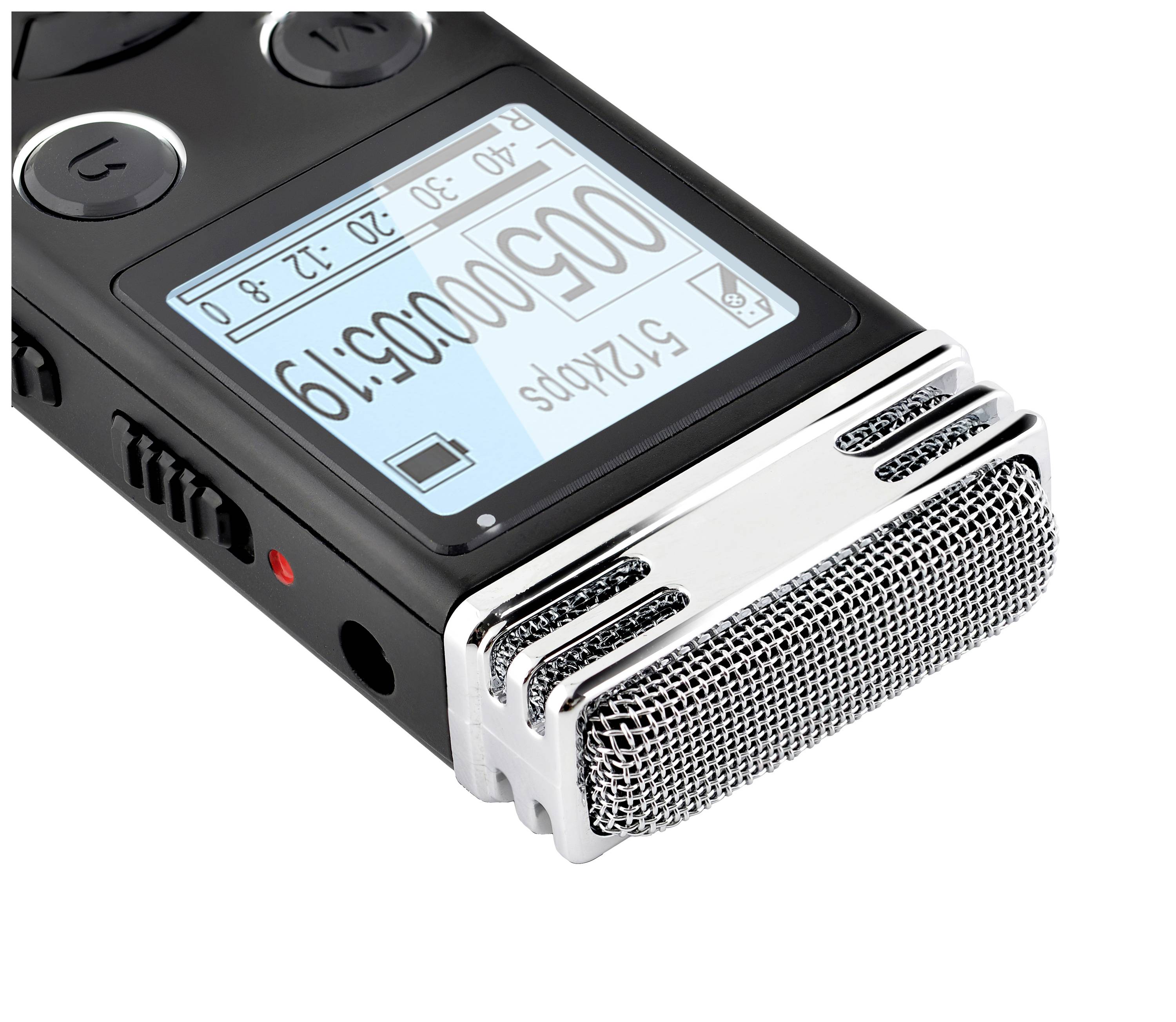 Ein digitaler Audiorecorder mit Display, das die Aufnahmezeit, Batterieanzeige und Aufnahmeformat anzeigt.