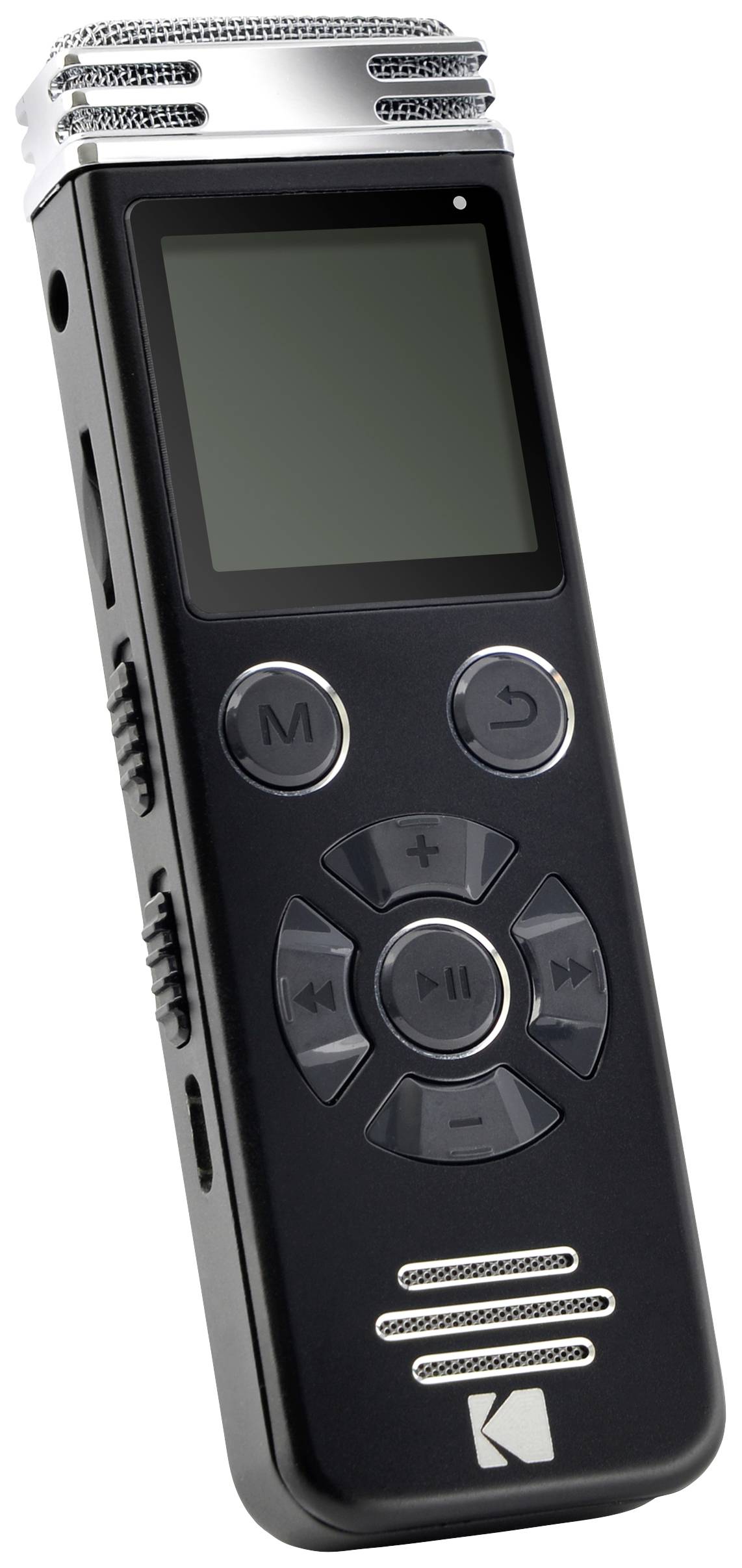 Schwarzer digitaler Voice Recorder mit Mikrofon oben, großem Display und mehreren Bedienknöpfen auf der Frontseite.