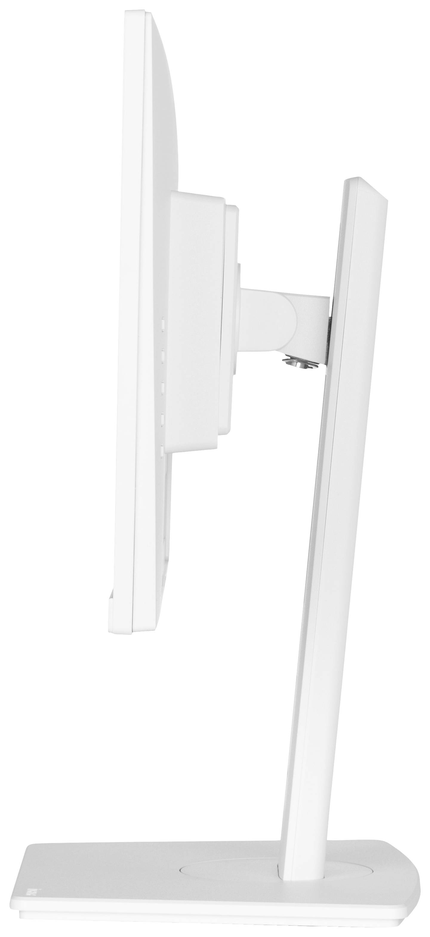 Seitliche Ansicht eines weißen Computerbildschirms auf einem Standfuß, zeigt die Dicke und die Neigungsmöglichkeiten des Monitors.