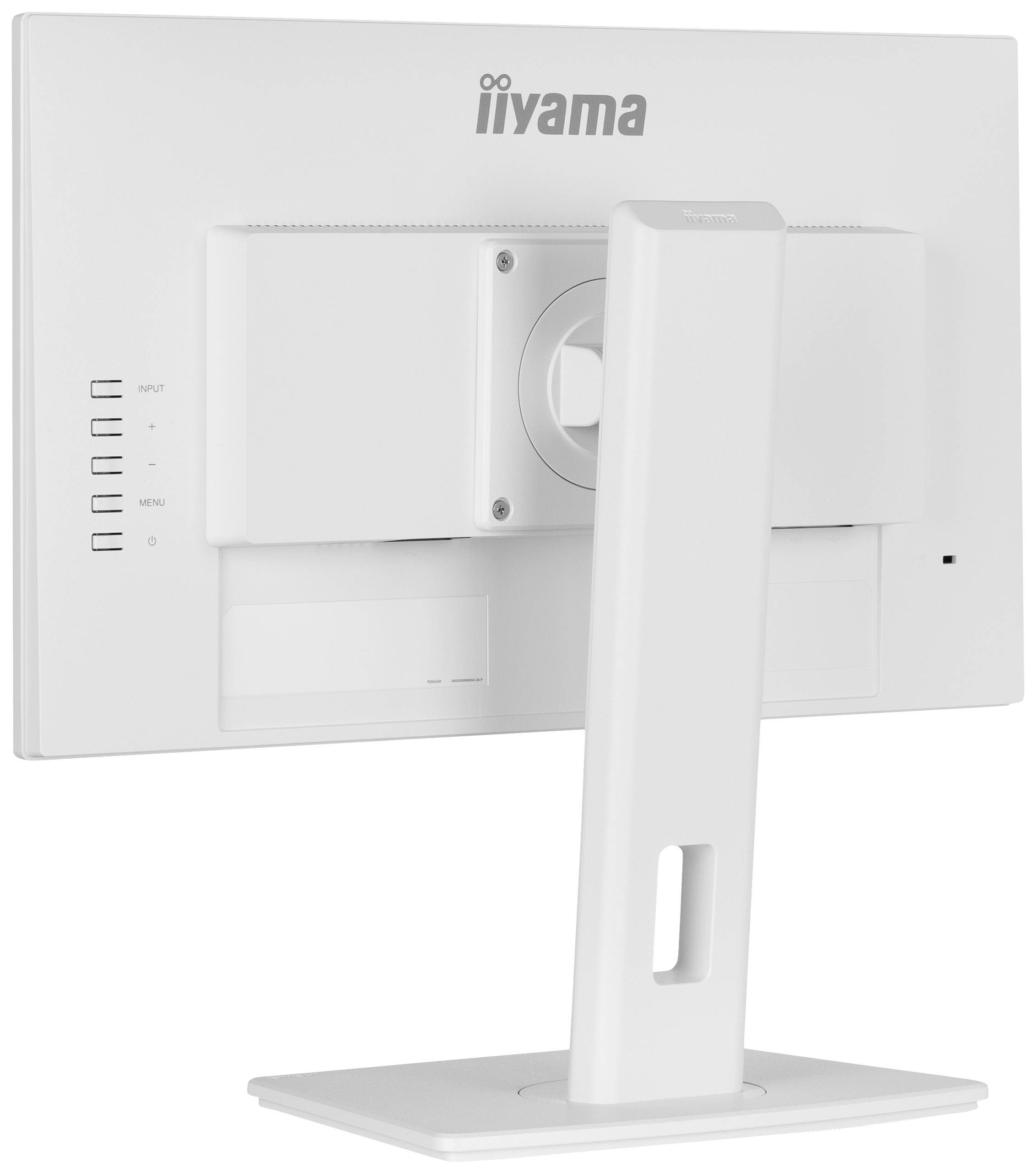 Rückseite eines weißen iiyama-Monitors mit verstellbarem Standfuß. Mehrere Bedienelemente sind seitlich sichtbar.