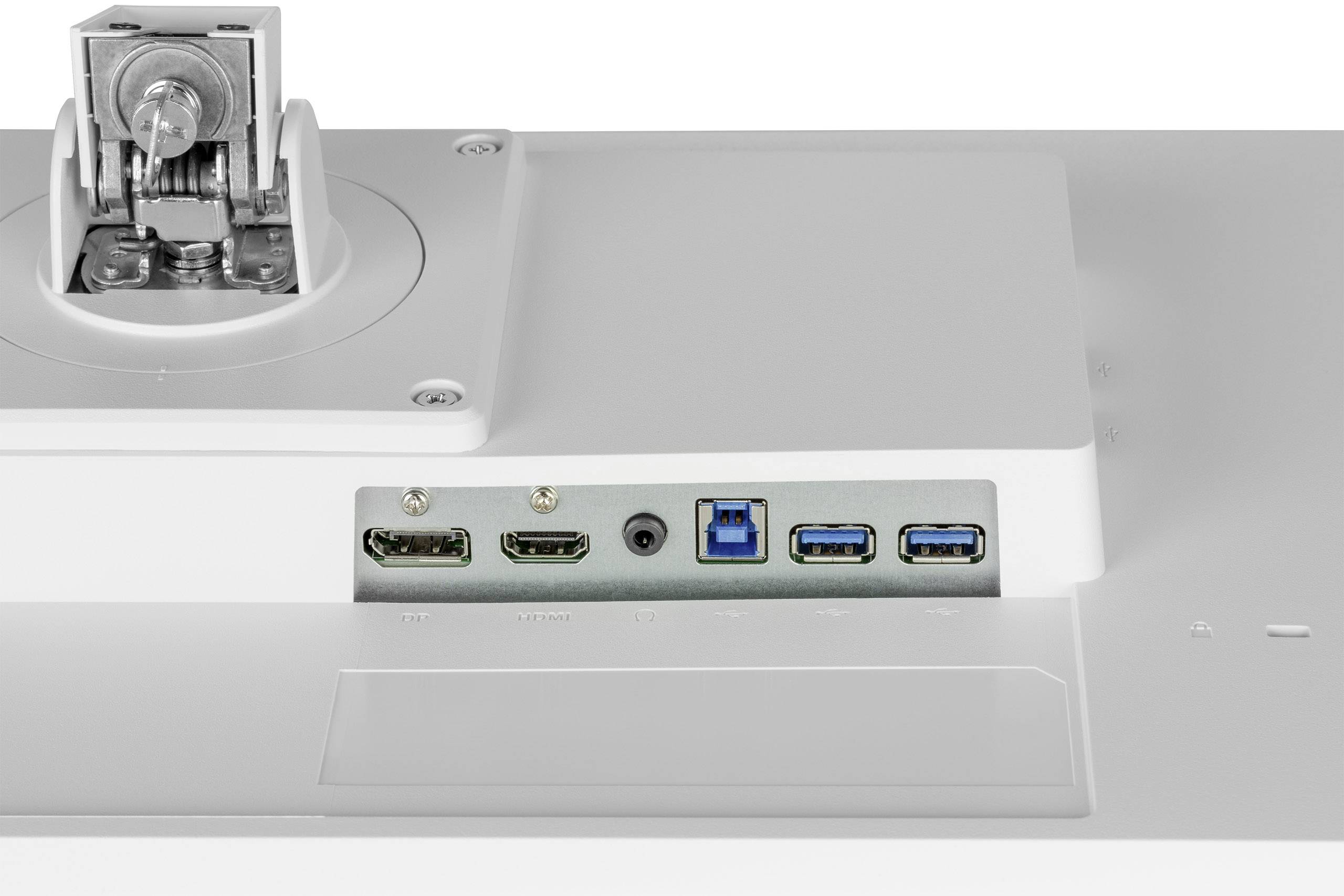 Rückseite eines Monitors mit Anschlüssen: zwei HDMI-Ports, ein Audioanschluss, ein VGA-Anschluss, zwei USB-Ports.