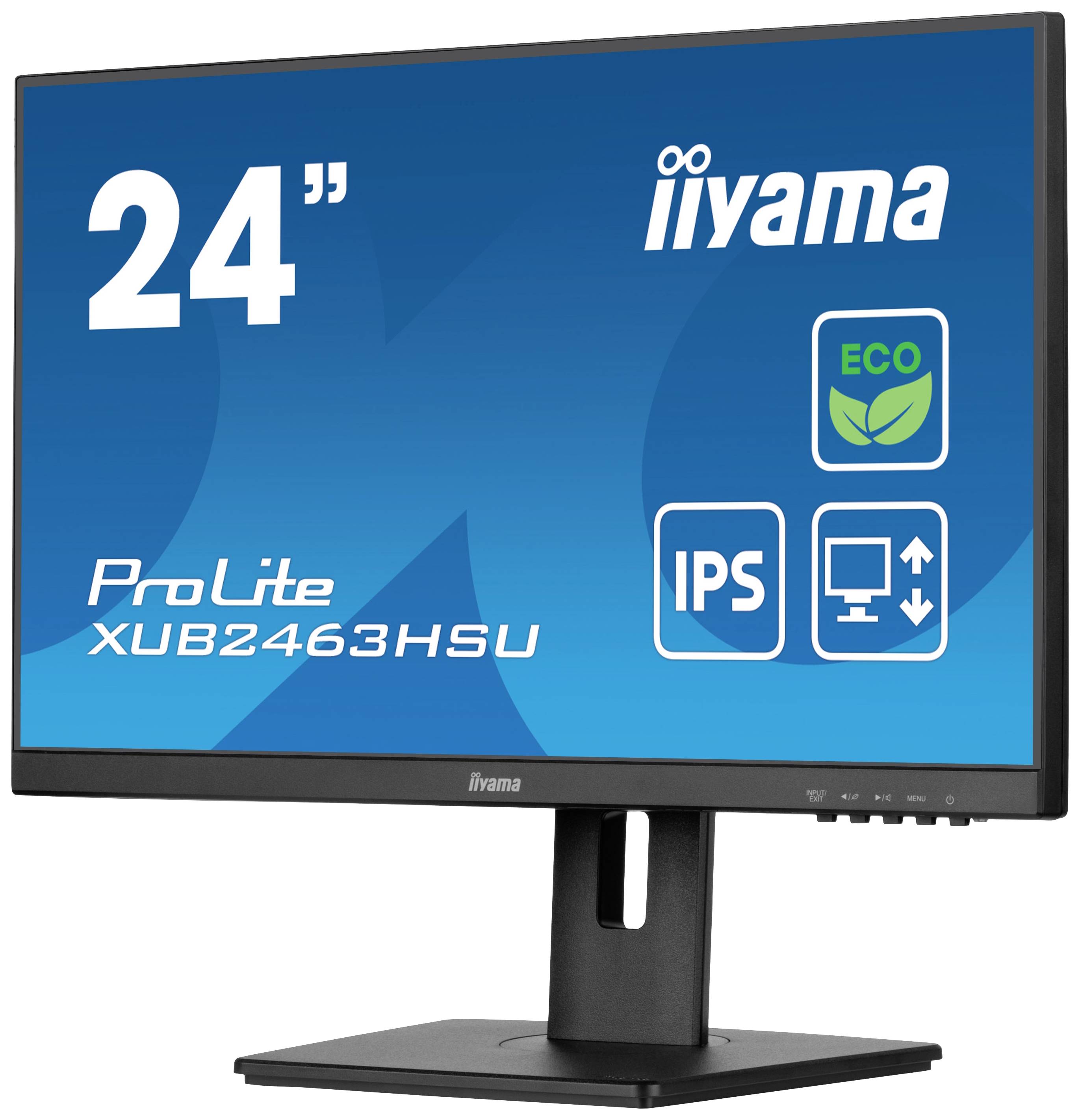 24-Zoll-Monitor mit IPS-Technologie und Eco-Modus, Modell 'ProLite XUB2463HSU', von iiyama, auf schwarzem Ständer.