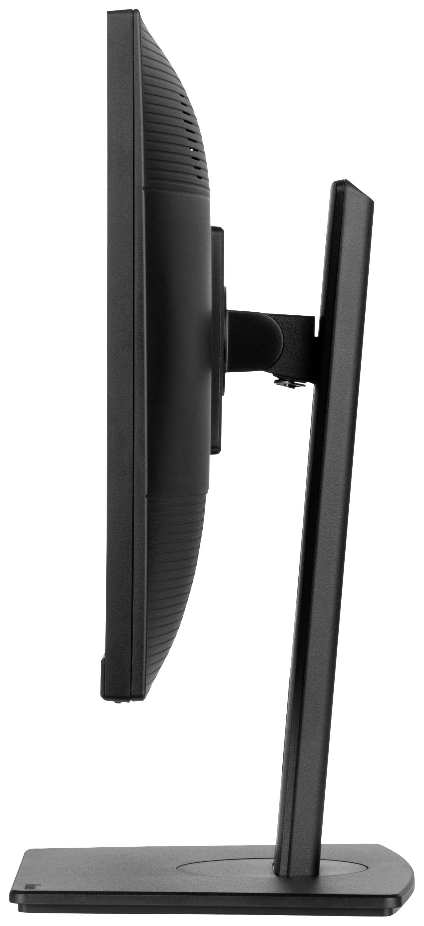 Seitenansicht eines Flachbildmonitors mit schlankem schwarzen Rahmen, montiert auf einem Standfuß.