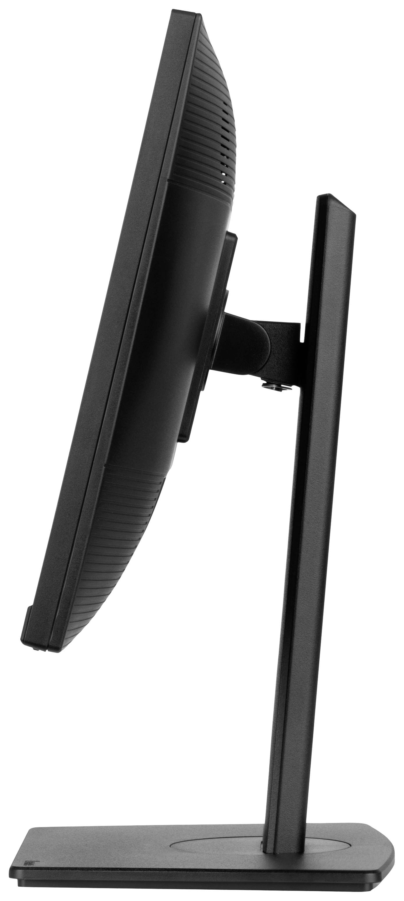 Seitenansicht eines Computerbildschirms auf einem Standfuß. Der Bildschirm ist dünn und elegant gestaltet.