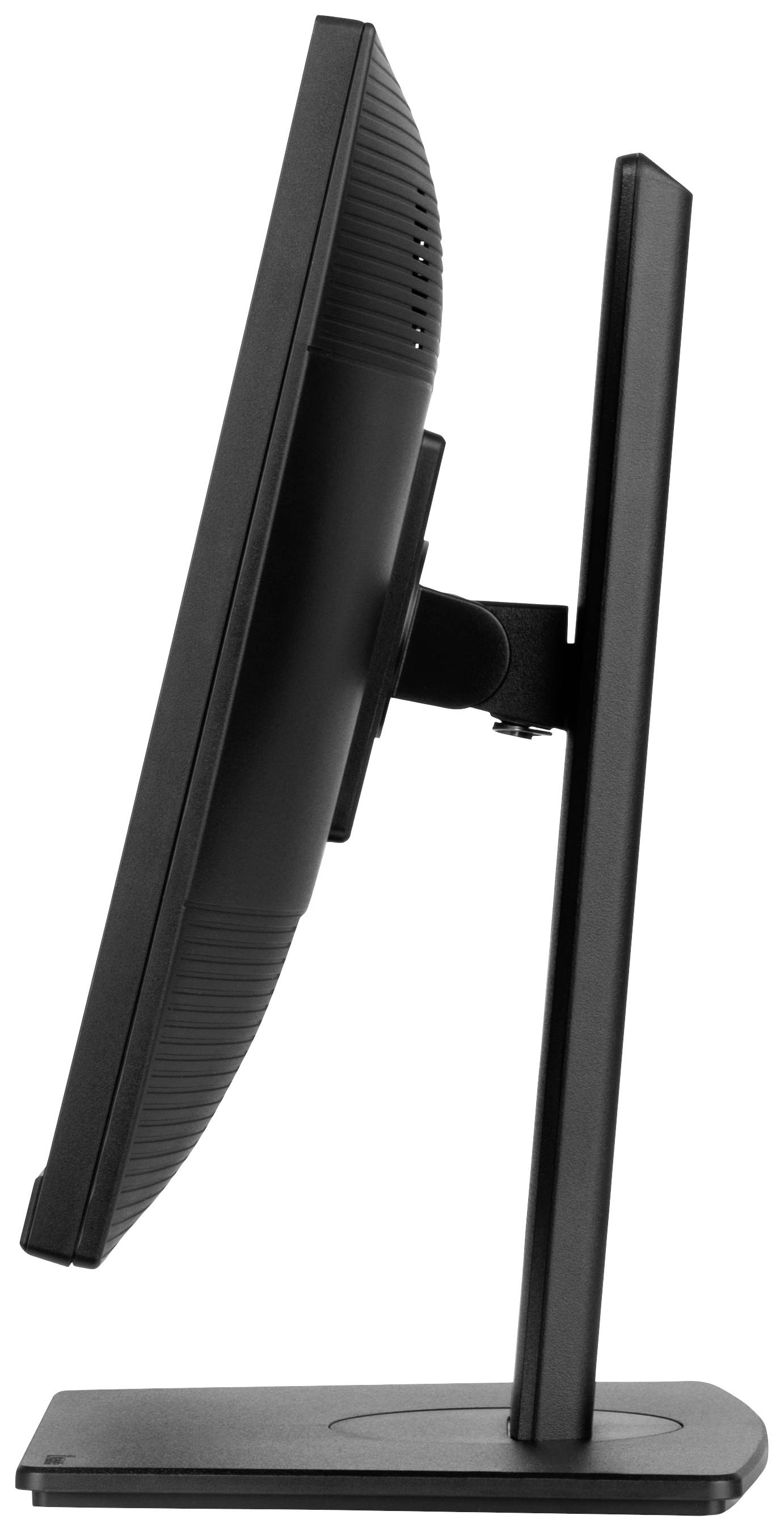 Ein Flachbildschirm-Monitor von der Seite gezeigt, auf einem stabilen Standfuß, schwarzes Gehäuse.