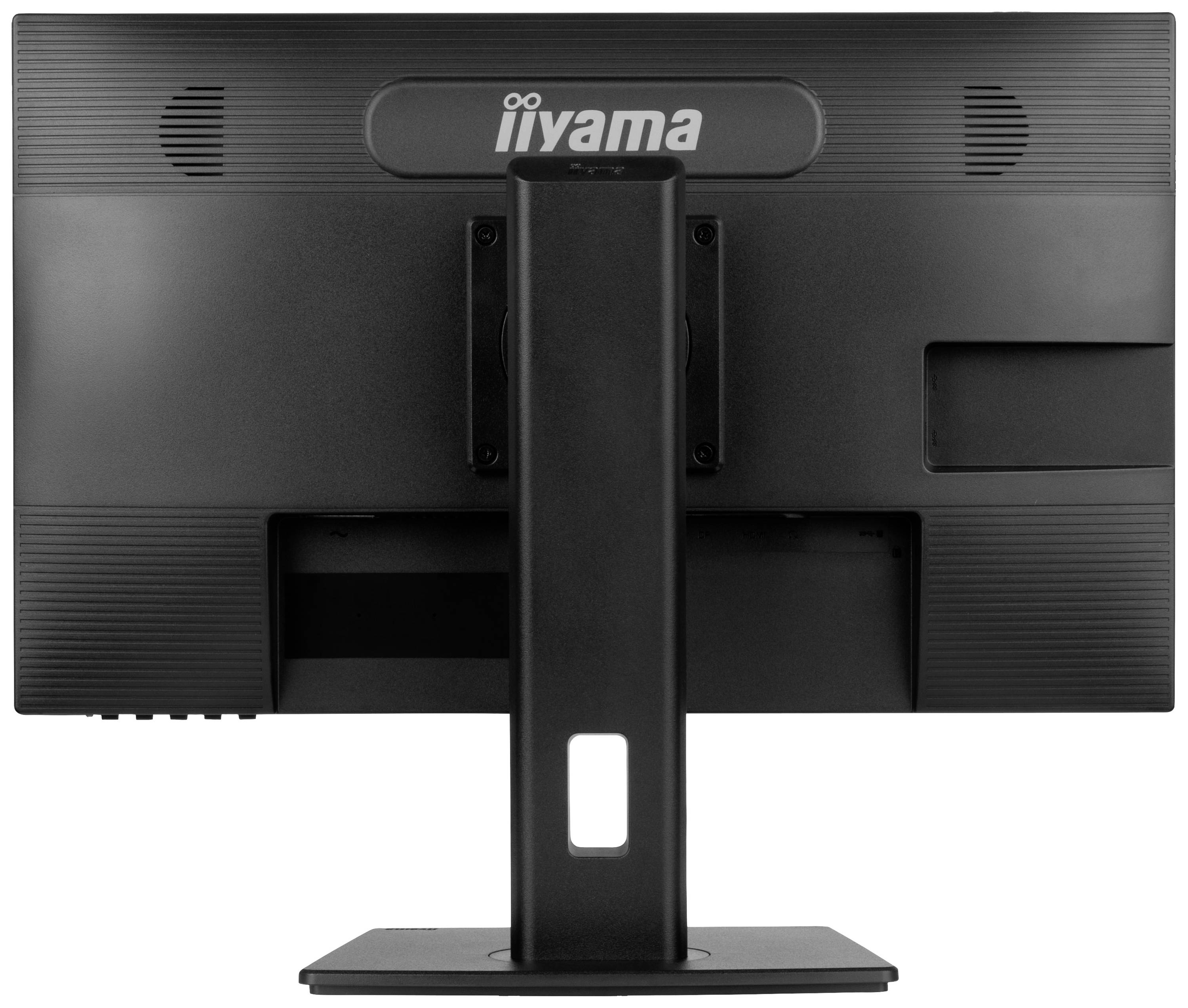 Ein schwarzer Monitor von hinten, mit einem stabilen Standfuß und sichtbaren Lüftungsschlitzen, Markenlogo oben sichtbar.