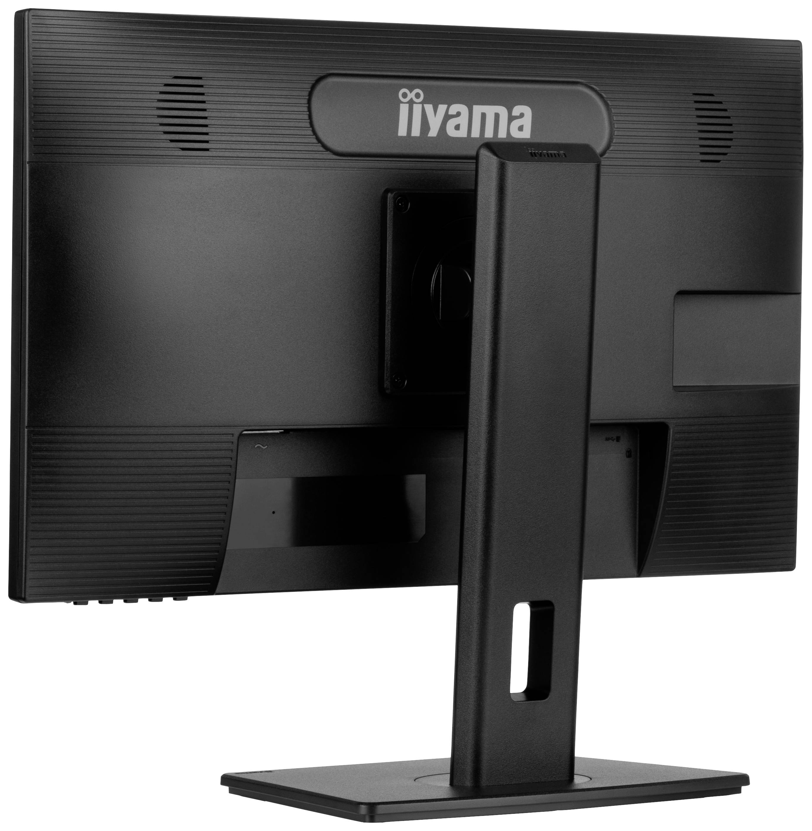 Ein schwarzer Computerbildschirm von hinten, auf einem rechteckigen Standfuß montiert, mit dem Logo 'iiyama' oben sichtbar.