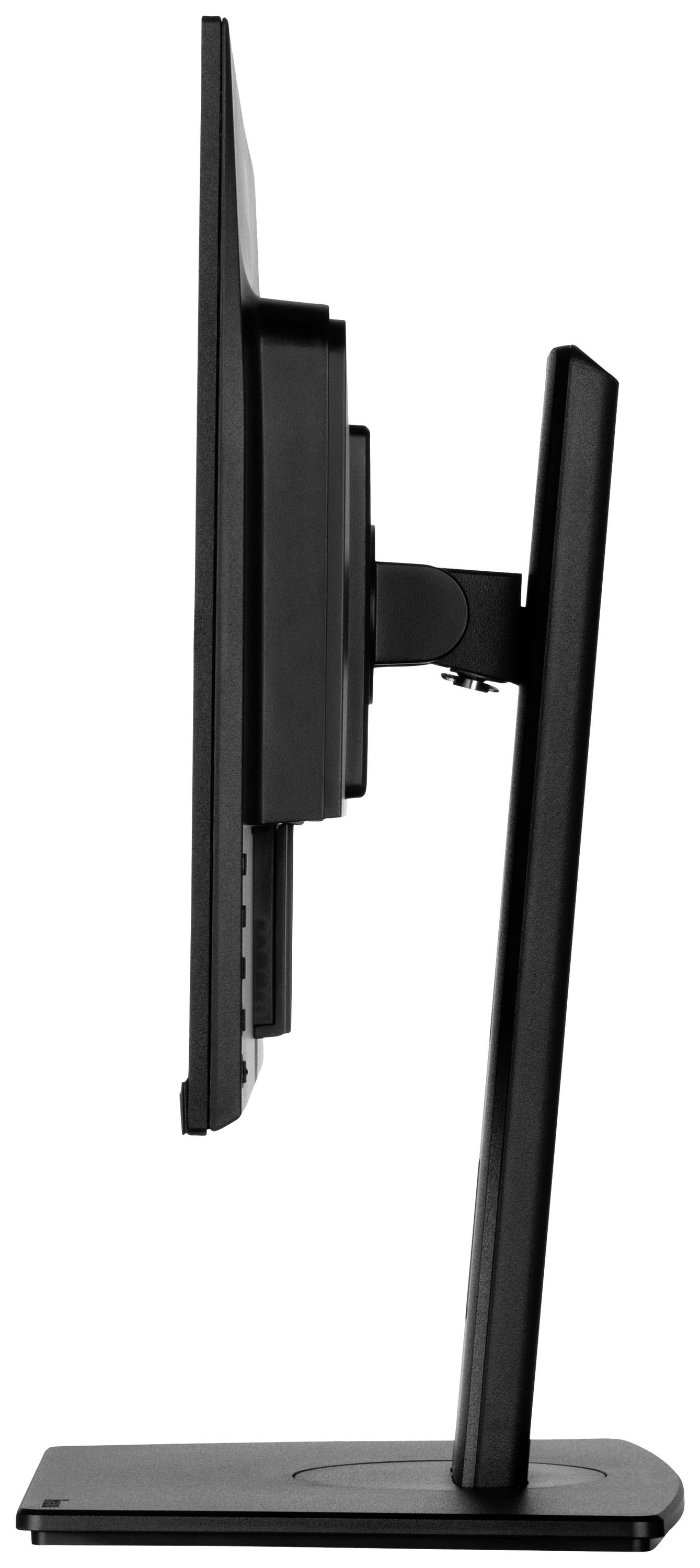 Seitenansicht eines schwarzen Computerbildschirms auf einem schmalen Standfuß, der das schlanke und moderne Design betont.