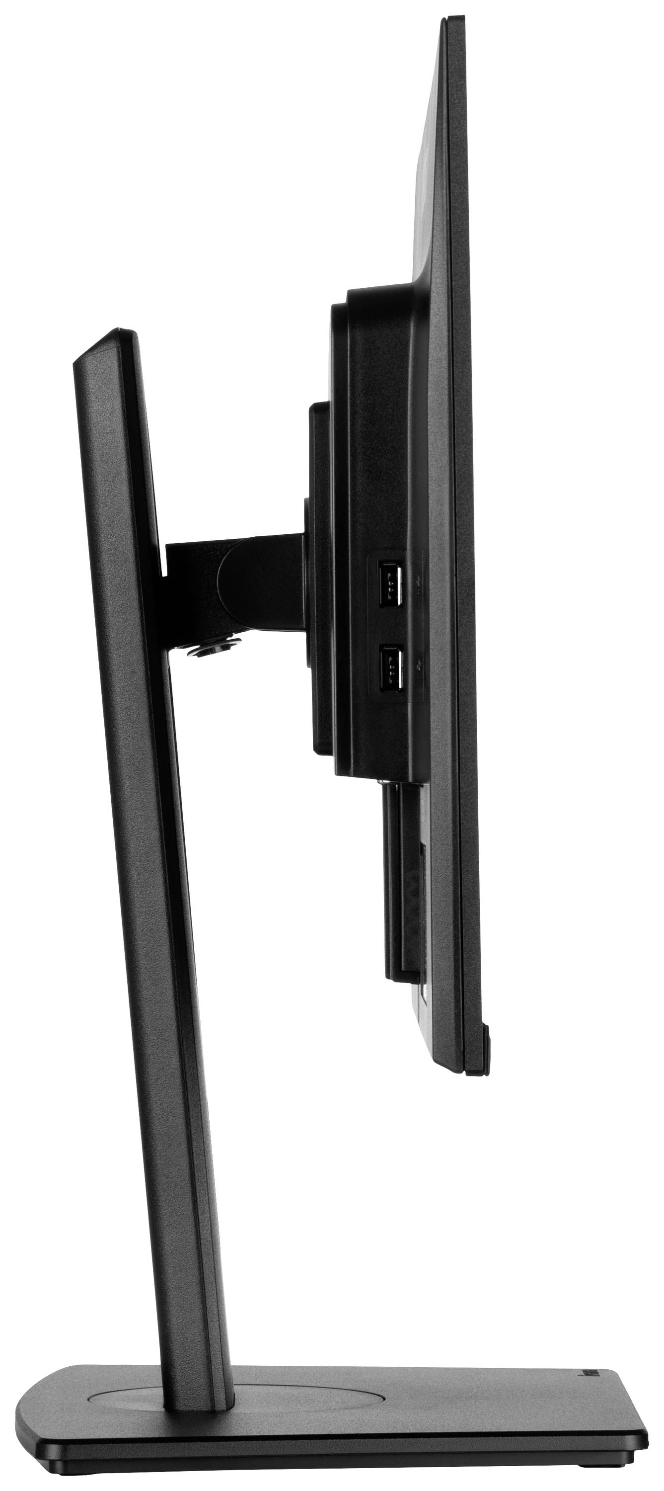 Seitenansicht eines flachen Computerbildschirms auf einem Standfuß, zeigt die schlanke Bauweise und den verstellbaren Arm.