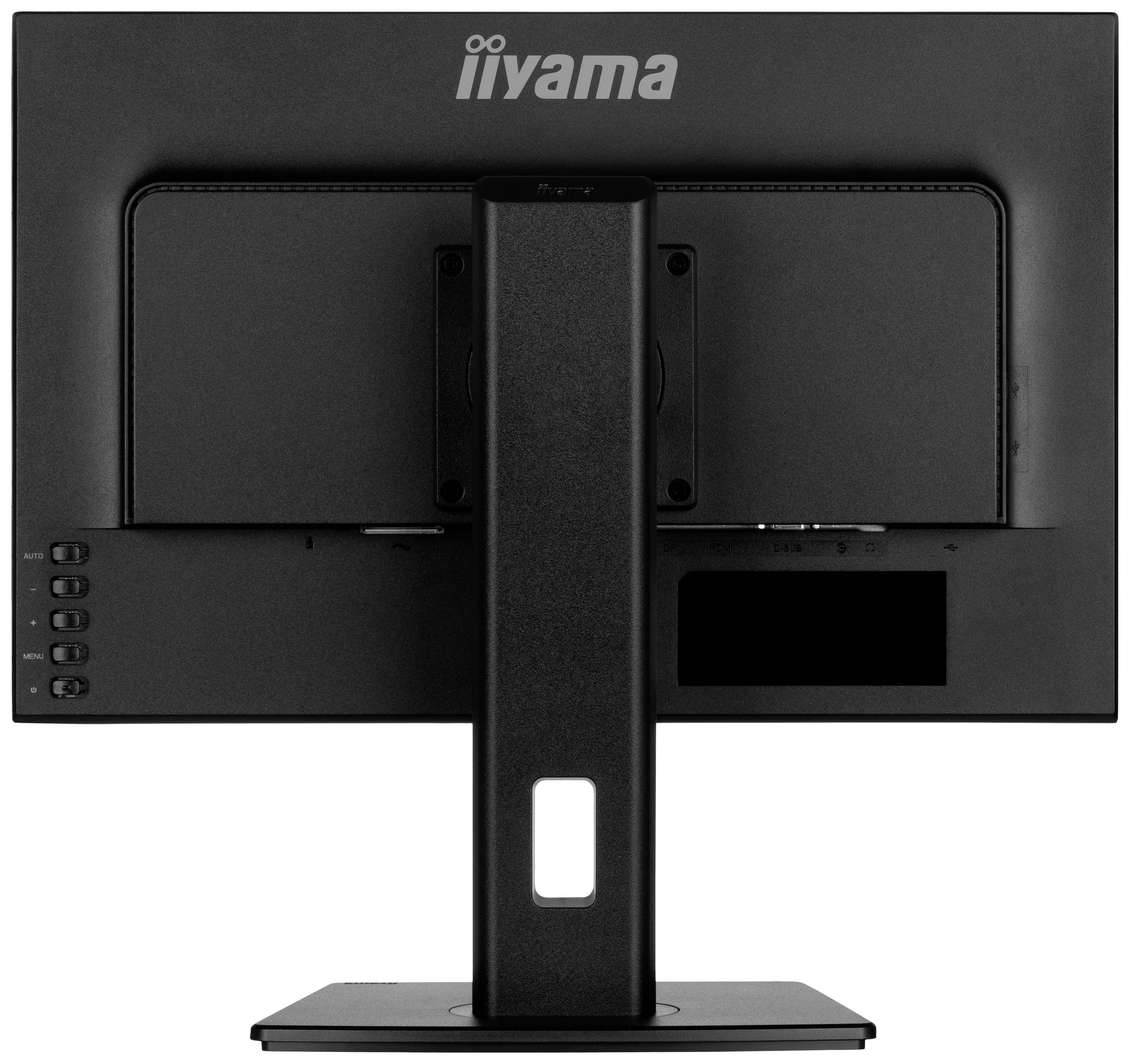 Ein schwarzer Computermonitor von hinten, mit einem stabilen Standfuß. Der Markenname 'iiyama' ist oben auf der Rückseite sichtbar.
