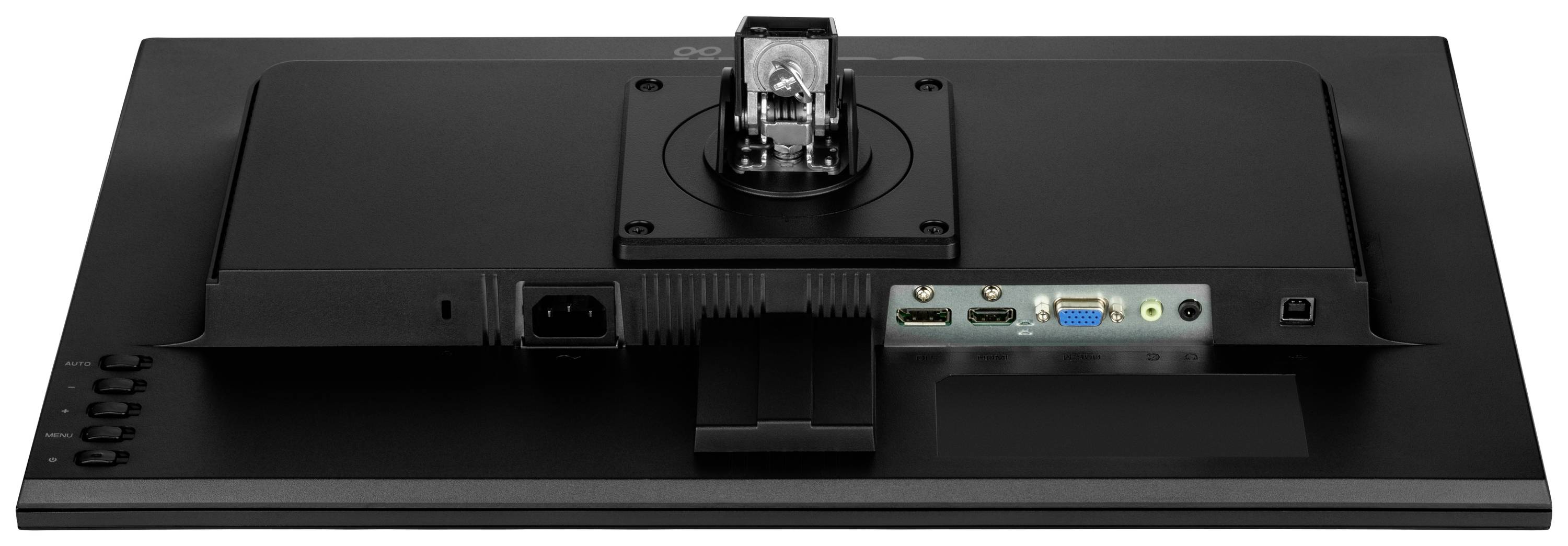 Rückseite eines Monitors mit verschiedenen Anschlüssen, darunter HDMI, VGA und Audio. Netzteilanschluss und Bedientasten sichtbar.