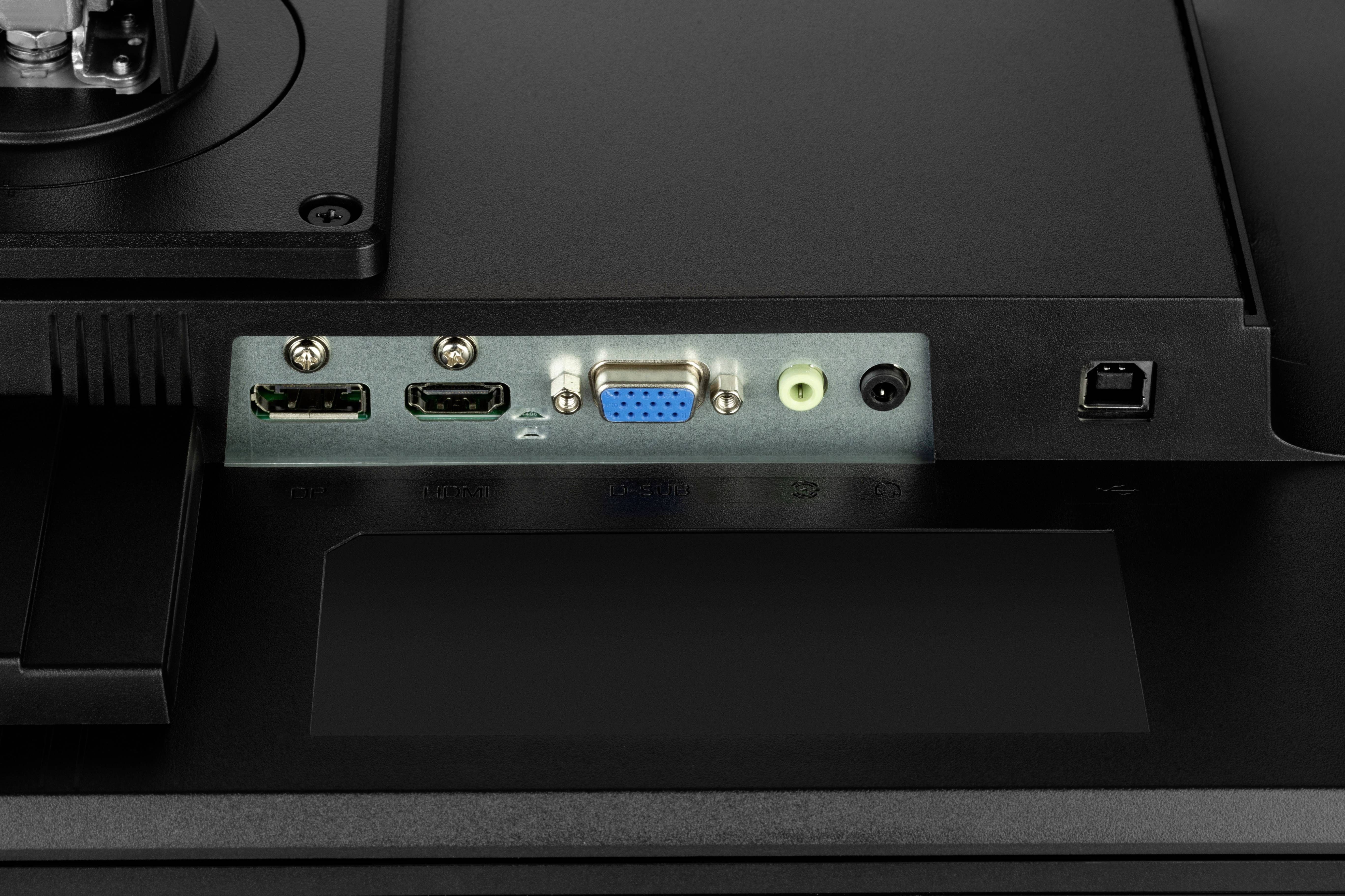 Rückseite eines Monitors mit verschiedenen Anschlüssen: zwei HDMI, ein VGA, ein Audio-Ausgang und ein Stromanschluss.