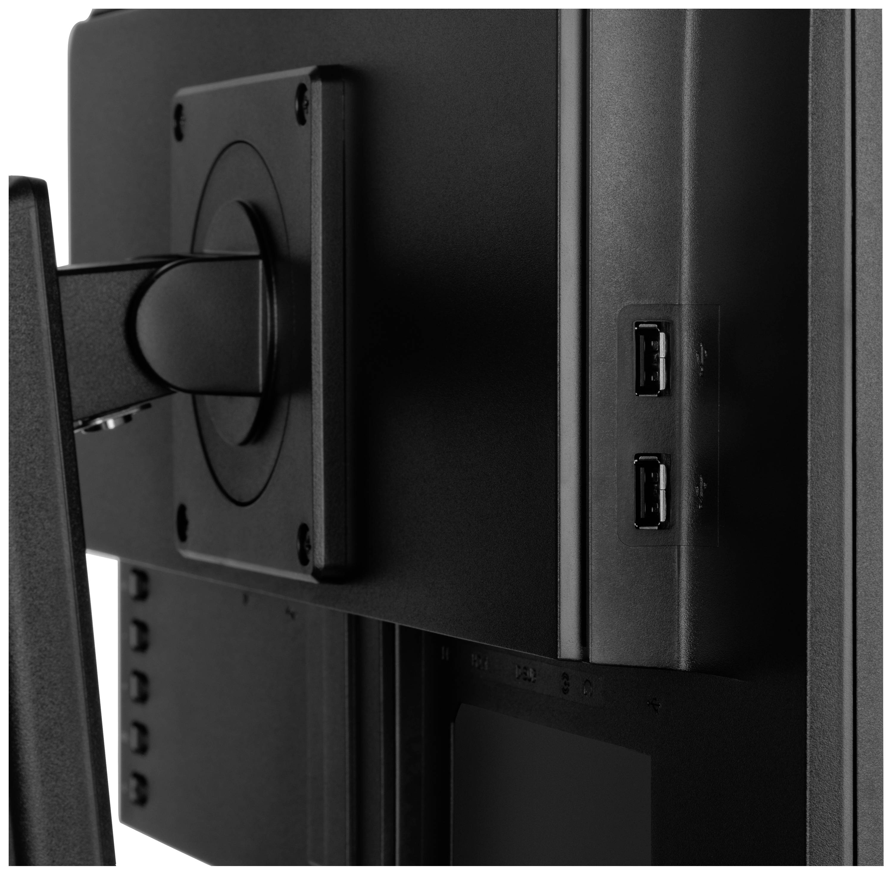 Die Rückseite eines Monitors mit wandmontierter Halterung und zwei USB-Anschlüssen rechts, zeigt die Befestigungsmechanik.