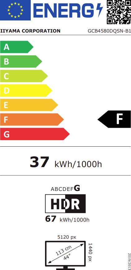 Energieeffizienzklasse F. Energieverbrauch: 37 kWh/1000h. Bildschirmgröße: 113 cm/44 Zoll. HDR, 67 kWh/1000h.