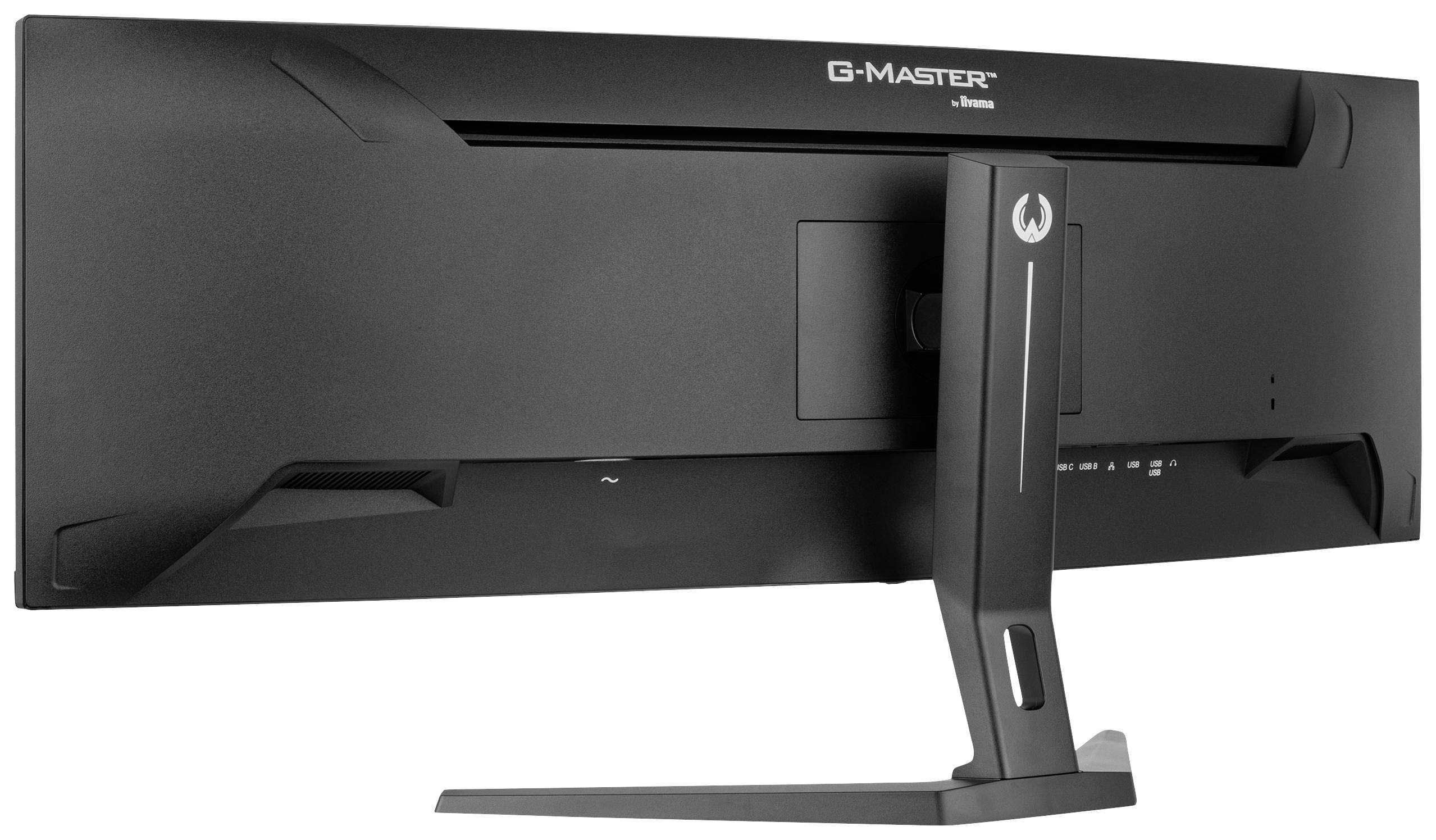 Ein ultrabreiter Monitor auf einem Standfuß, Rückseite sichtbar, Marke 'G-MASTER' angegeben.