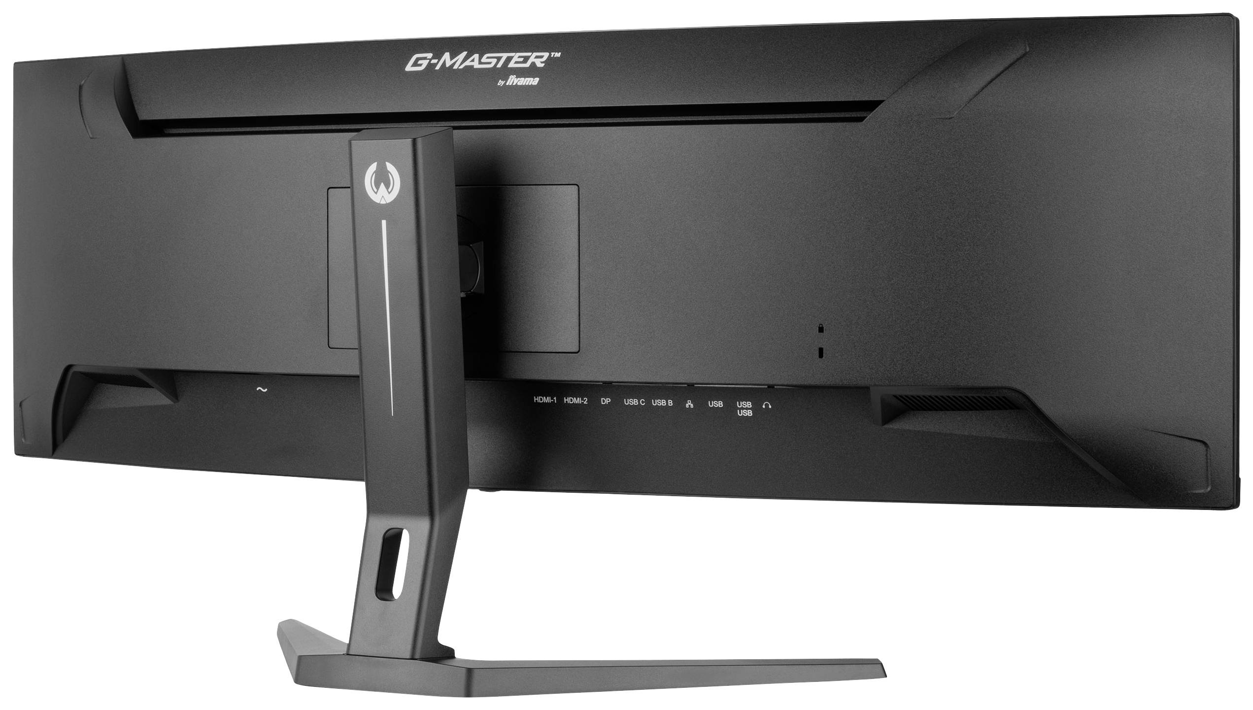 Rückansicht eines ultrabreiten Computerbildschirms mit schmalem Standfuß, markiert mit 'G-Master' oben.