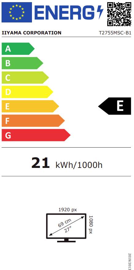 Energie-Label für einen Monitor. Effizienzklasse E; Verbrauch 21 kWh/1000h. Bildschirmgröße: 69 cm (27 Zoll) 1920x1080 Pixel.