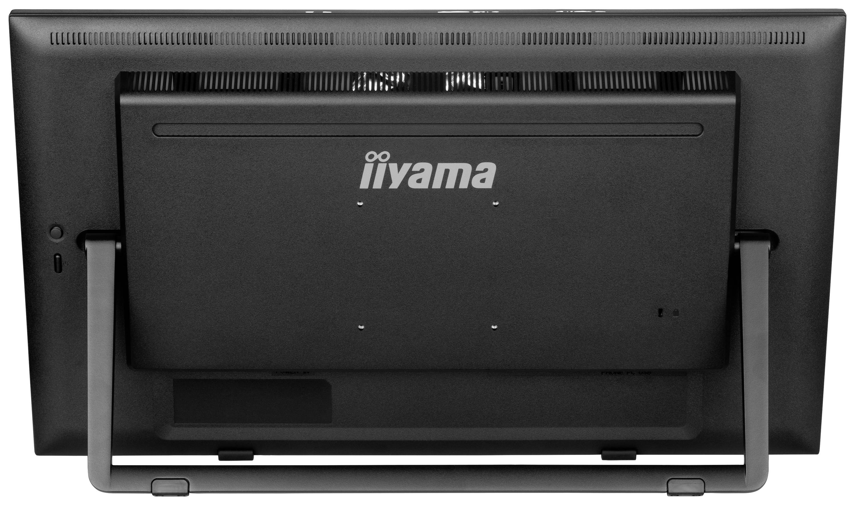 Rückansicht eines schwarzen Computermonitors der Marke Iiyama. Der Monitor ist auf einem stabilen Metallständer montiert.