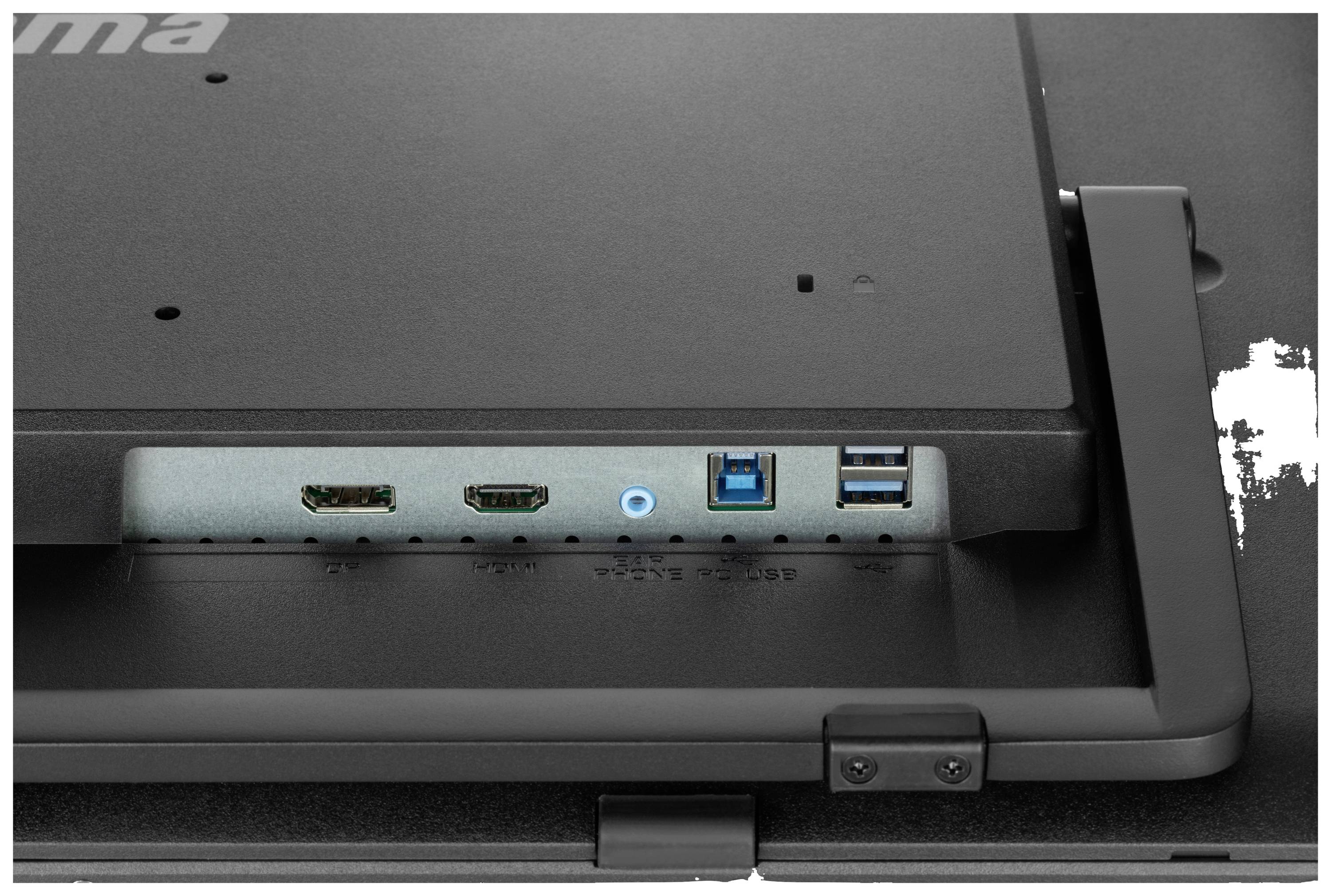 Nahaufnahme der Rückseite eines Monitors mit Anschlüssen: HDMI, DisplayPort, USB 3.0, und USB 2.0.