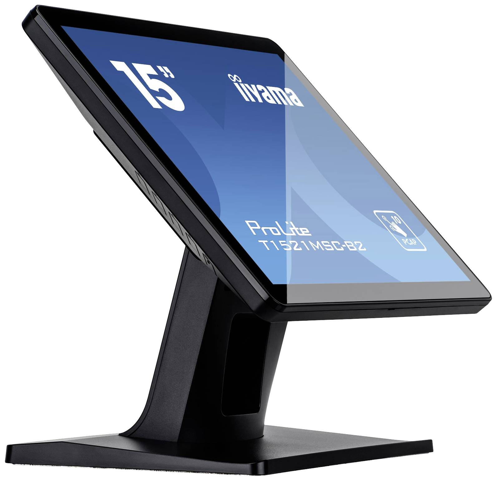 Ein schwarzer Touchscreen-Monitor von Iiyama, ProLite T1521MSC-B1Z Modell, auf einem Ständer. Bildschirm zeigt technischen Details.