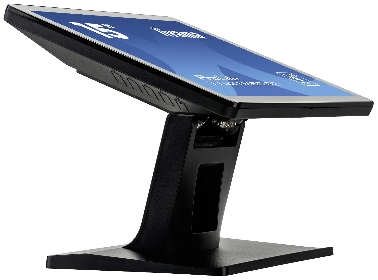 Ein moderner Touchscreen-Monitor mit schwarzem Standfuß, leicht geneigt, zeigt eine Benutzeroberfläche mit Text und Symbolen.