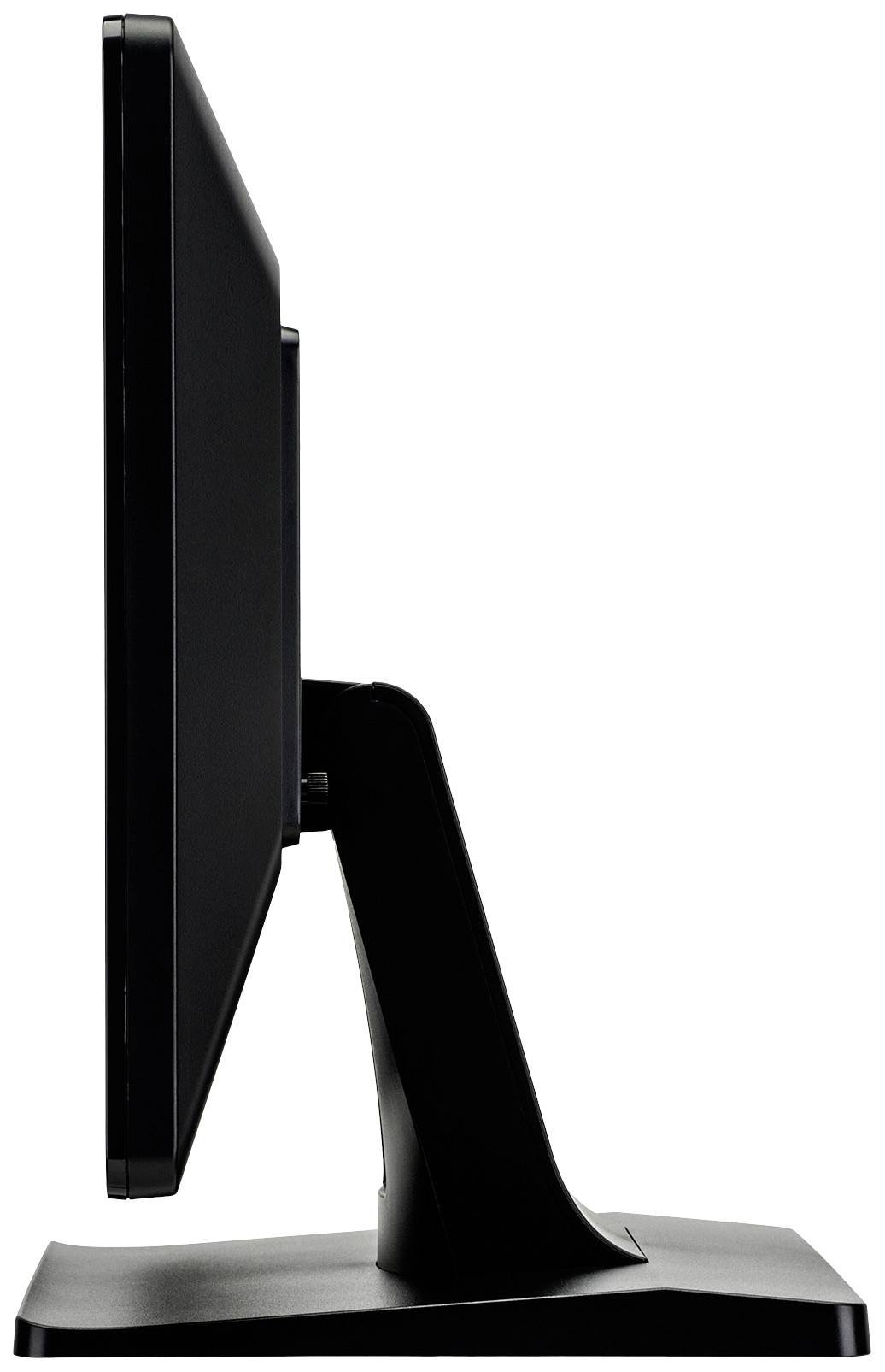 Ein schwarzer Computermonitor ist von der Seite zu sehen und steht auf einem rechteckigen Standfuß.