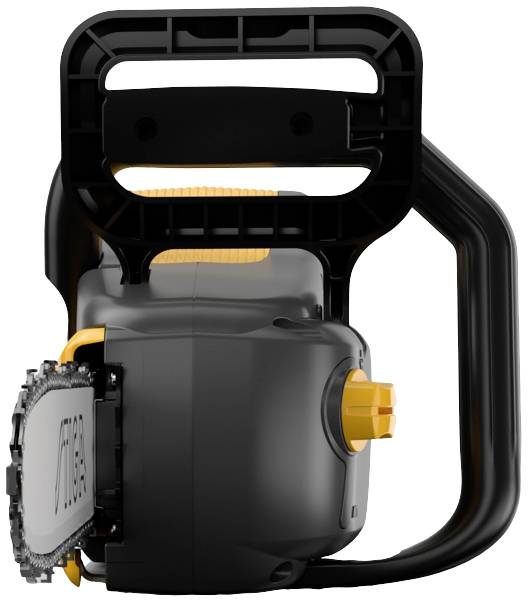 Akku-Kettensäge, Detailansicht. Schwarz-gelbes Gehäuse, seitliche Position, sichtbare Kette links.