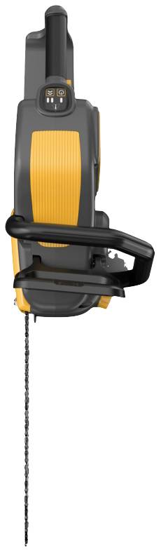 Eine elektrische Heckenschere mit einem langen Sägeblatt und ergonomischem Griffdesign, überwiegend in Schwarz und Orange gehalten.