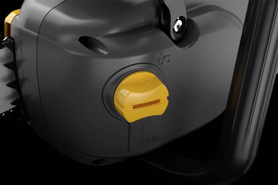 Nahaufnahme eines schwarzen Geräts mit einem gelben Schalter an der Seite, symbolisiert durch ein Tanksymbol.