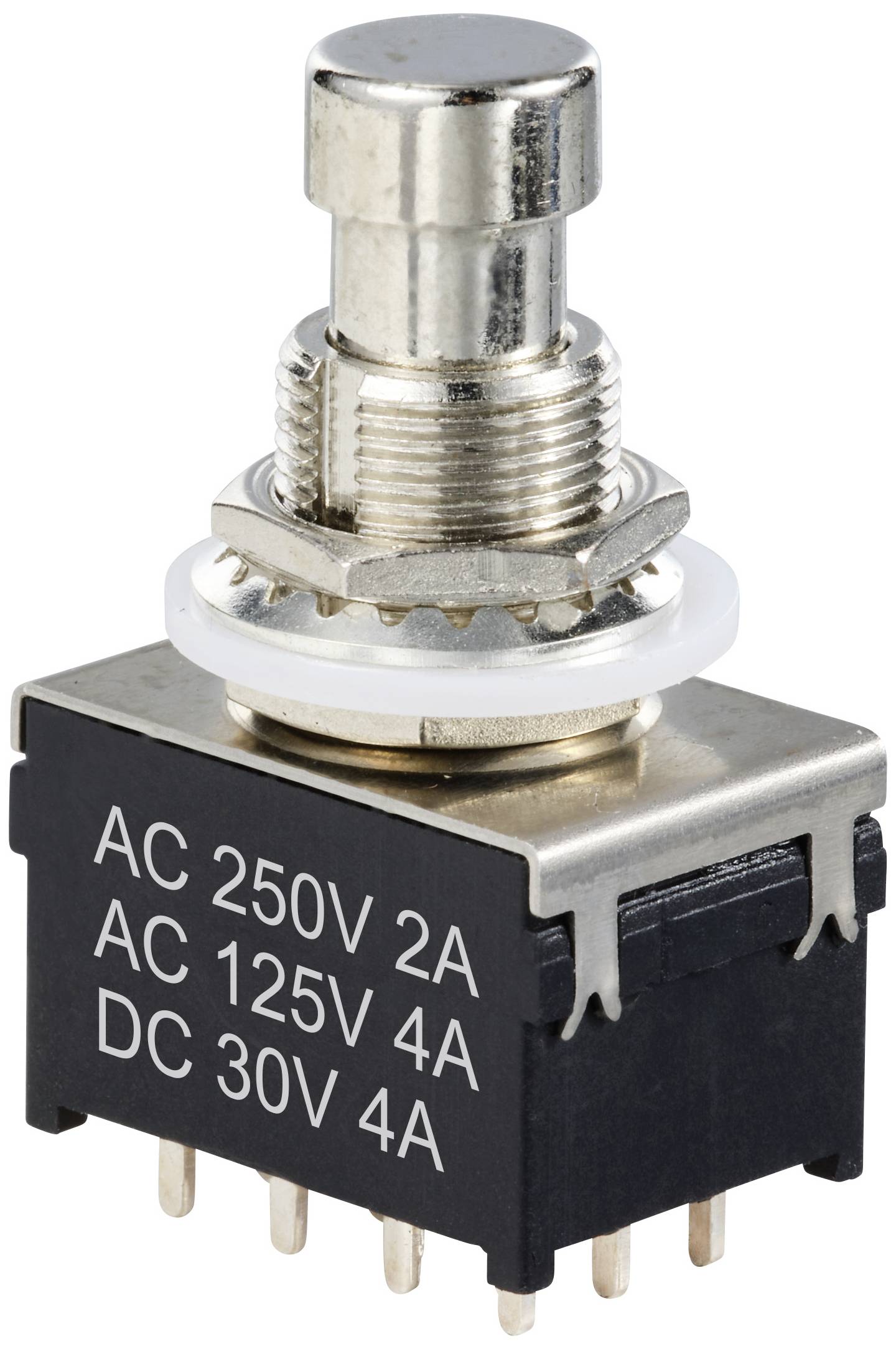 Druckschalter mit metallischem Druckknopf, zeigt Spezifikationen an: 'AC 250V 2A, AC 125V 4A, DC 30V 4A'.