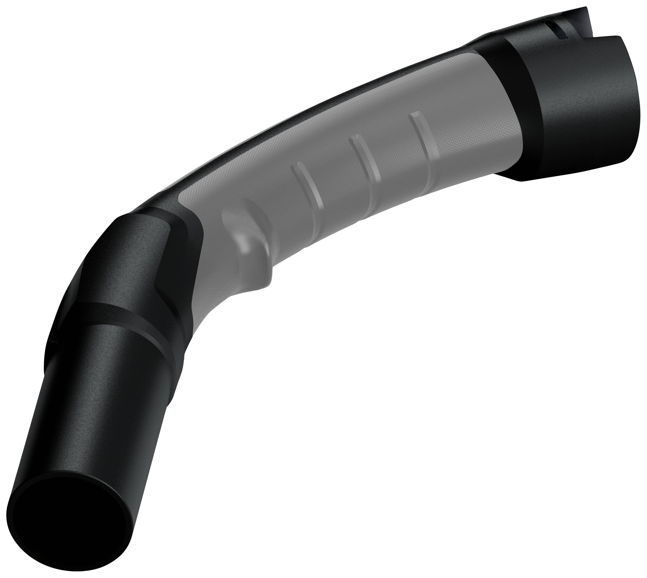 Schwarzes, gebogenes Bauteil aus Kunststoff oder Metall, vermutlich ein Rohr oder eine Verbindung, mit geripptem Griffbereich.