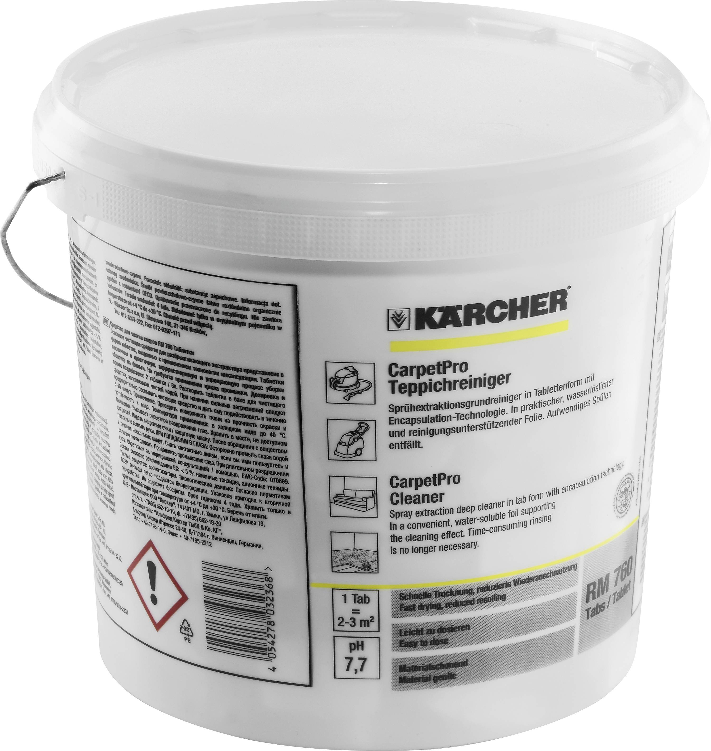 Ein weißer Eimer mit KÄRCHER-Logo enthält CarpetPro Teppichreiniger. Etikett zeigt Gebrauchsanweisung und Inhaltsstoffe.