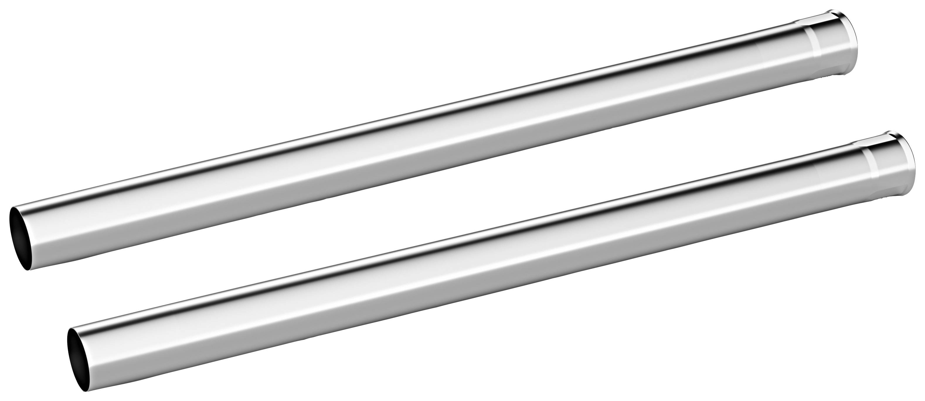 Zwei silberne Metallrohre parallel zueinander auf weißem Hintergrund.