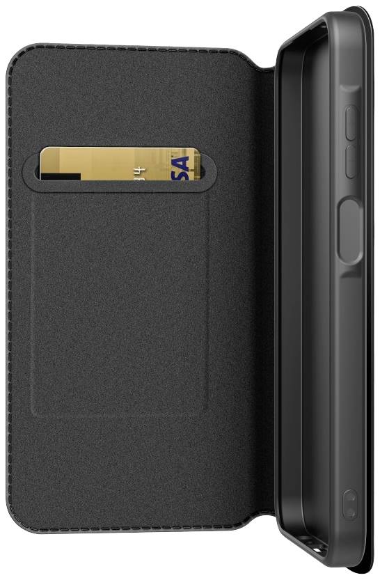 Smartphone-Hülle aus schwarzem Material mit Steckfach für Karte, zeigt ein 'Visa'-Kreditkarte. Hülle ist geöffnet und zeigt die Innenseite.